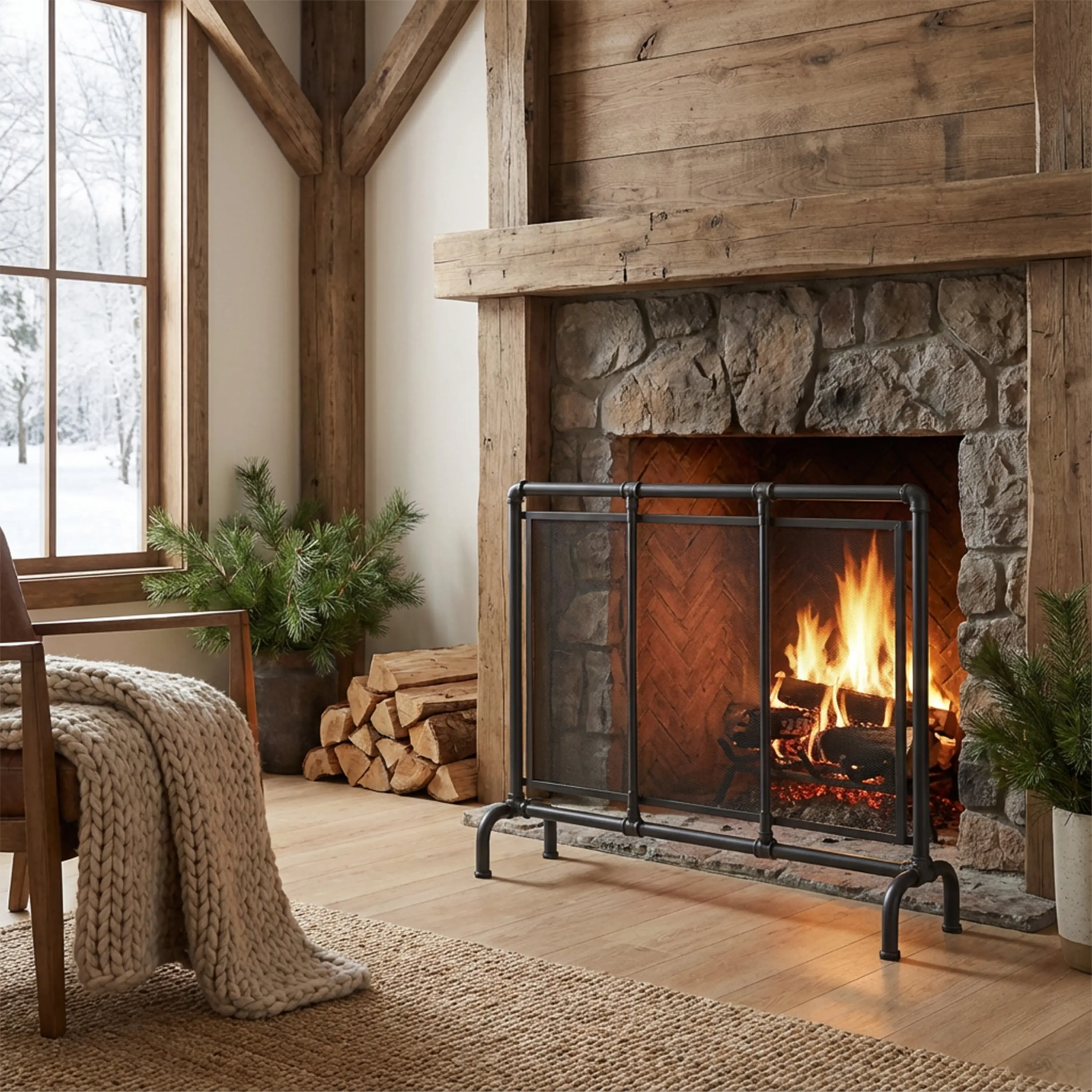 Nokaa Celeste 1 Panel Iron Fireplace Screen 36"W x 29"H Black Spark Guard for Indoor Outdoor Fire Pit, Heat Resistant Decorative Fireplace Accessories for Living Room Patio
