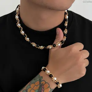 New European American Pearl Wrap Chain Choker for Men Hip Hop Trendy Unique Neck Jewelry