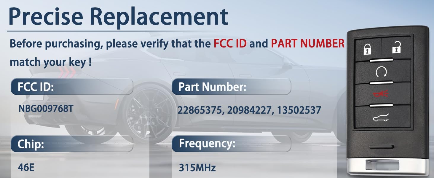 Smart Fob Replacement Fit for Cadillac SRX 2010-2015/ATS/XTS 2013-2014/ELR 2014-2015 22865375 20984227 13502537 NBG009768T 5-Button Remote with Keyless Entry & Remote Start Smart Fob Replacement Fit for Cadillac SRX 2010-2015/ATS/XTS 2013-2014/ELR 2014-2015 22865375 20984227 13502537 NBG009768T 5-Button Remote with Keyless Entry & Remote Start
