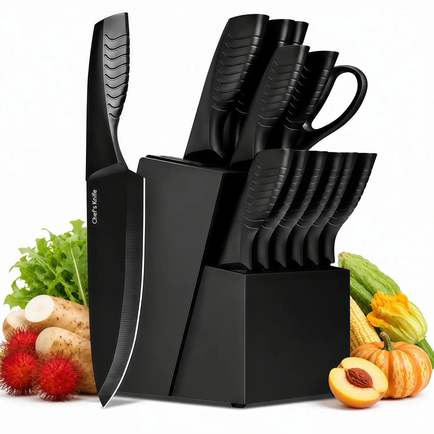 14-Piece Kitchen Cutlery Set with Self-Sharpening Storage Block, Stainless Steel Black Slicing and Cutting Knives, Built-In Sharpener, Dishwasher Safe, ABS Anti-Slip Ergonomic Handles