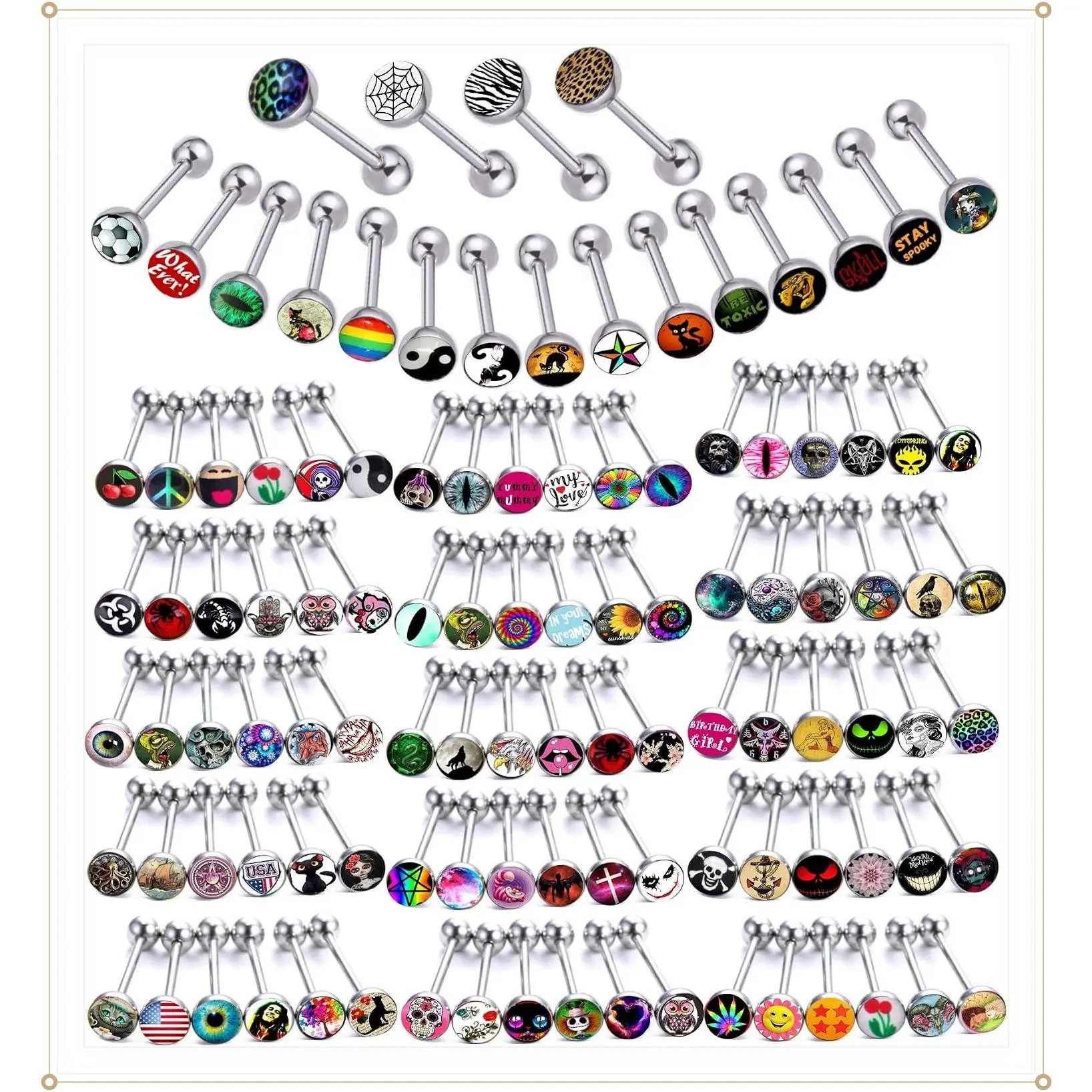 Lot of Surgical Steel Metal Tongue Rings Barbells Tongue Piercing Bar Nasty Wordings Picture Logo Signs 14g - Length 5/8" or 16mmGift
