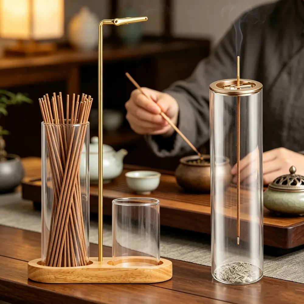 Casual Minimalist Glass Incense Holder with Solid Metal Base & Alcohol-Free Relaxation Box, Home Fragrance Decor, Fits 0.118-0.39 In Aroma Sticks (Incense Excluded)
