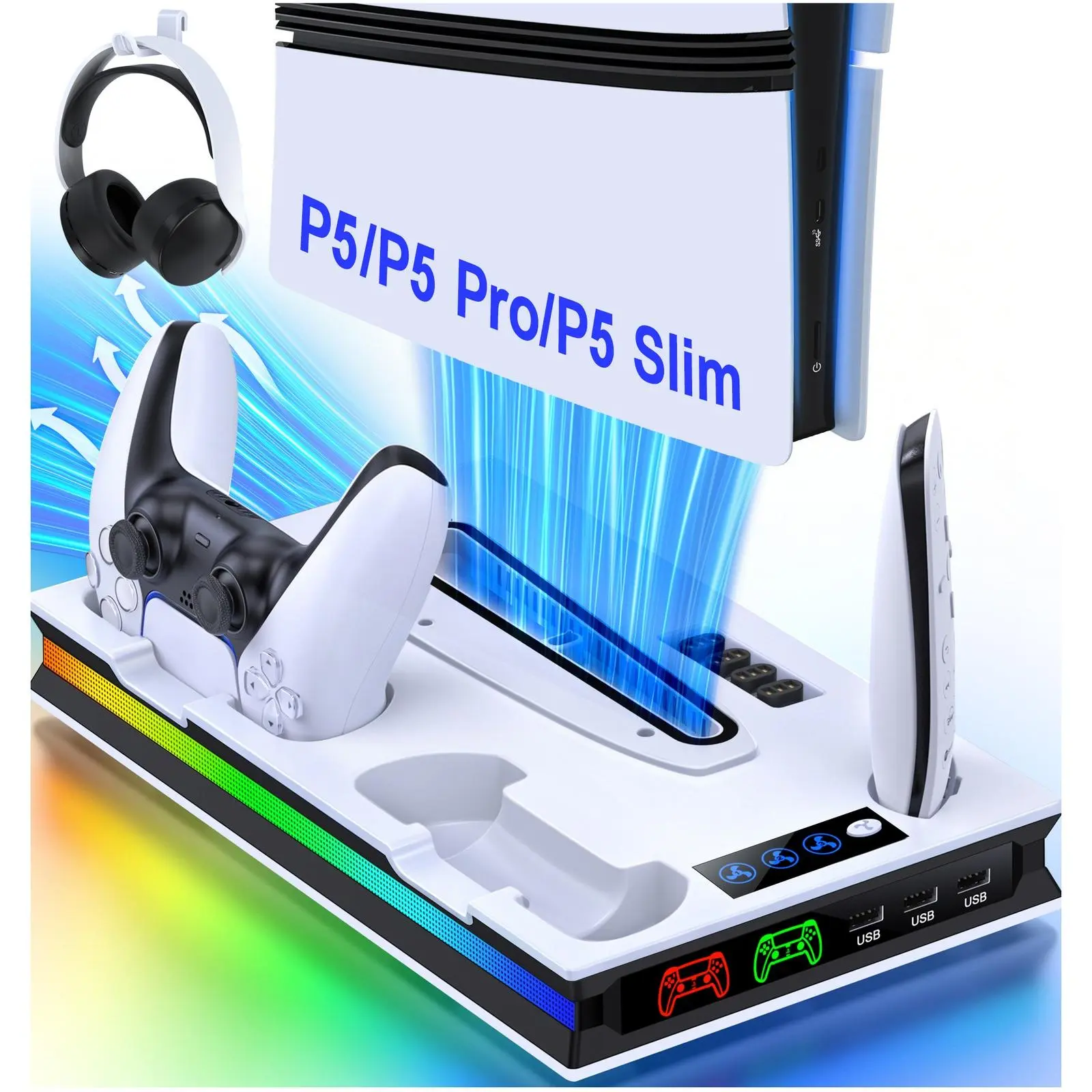 For PS5 Stand for PS5 Slim/PS5 Pro/PS5 Console with LED Light, PS5 Pro Stand with 3-Level Fan/2 PS5 Controller Charging Station/4 Type-C Adapters/1 Hook, Vertical PS5 Stand