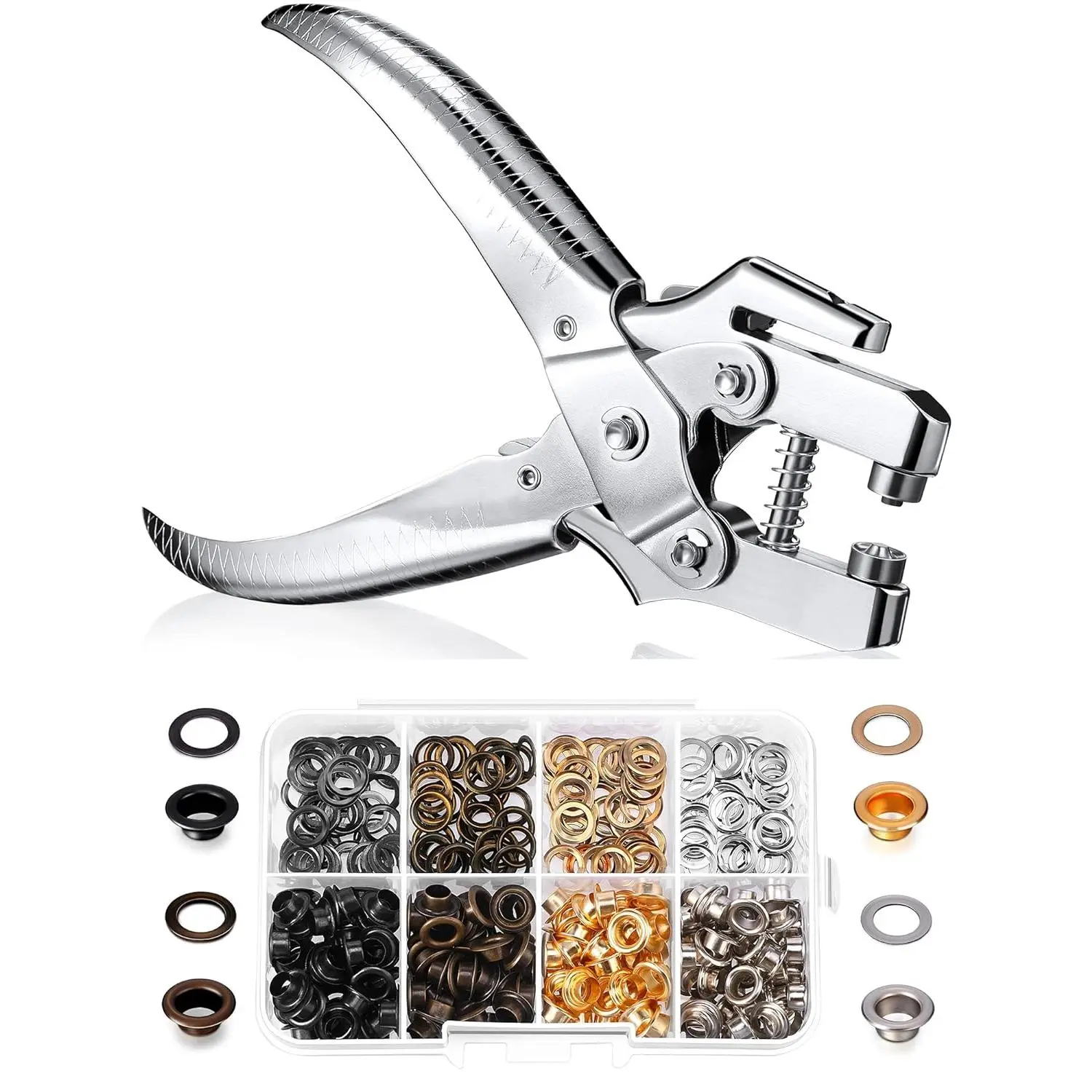 3/16 Inch Grommet Tool Kit Eyelet Plier Set Hole Punch Grommet Hand Press Pliers with 200 Pieces of Eyelets for Shoes Clothes Bags(Gold, Silver, Grey, Copper)