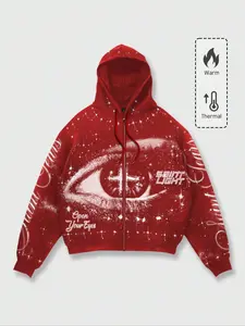 Popular eye print cardigan hooded sweatshirt for men and women, unisex street life zipper hooded sweatshirt, all eyes hooded sweatshirt, women's loose fleece warm jacket, couple's 2026 autumn/winter street jacket, red jacket