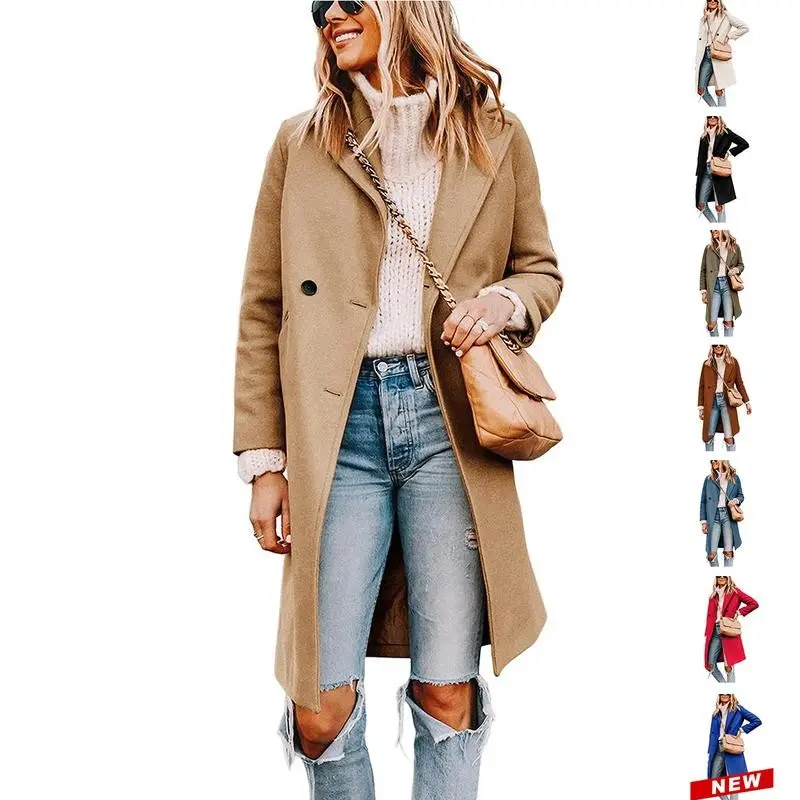 Women's Knee-length Overcoat Casual Notch Lapel Single-Breasted Wool-blend Peacoat Trench Coat Womenswear Outerwear Jackets for Fall Winter