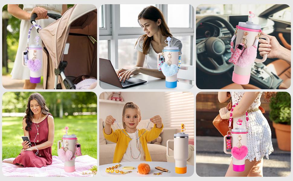 Cup AccessoriesI Bottle Handle Carrier Strap,Silicone Cup Boot, Lipstick Holder, Straw Topper & Spill Stopper Cute Decorative Charms, Accessories for Cup 40oz/30oz Decor