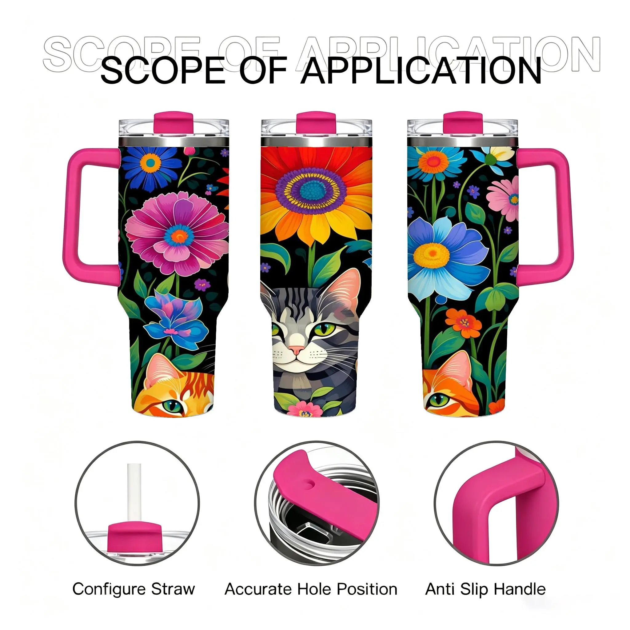 40 oz Stainless Steel Vacuum Flask Thermos Cup with Handle - Colorful Wildflower & Kitten Print, Black Base, Travel Coffee Mug, Gift for Cat Lovers tumbler