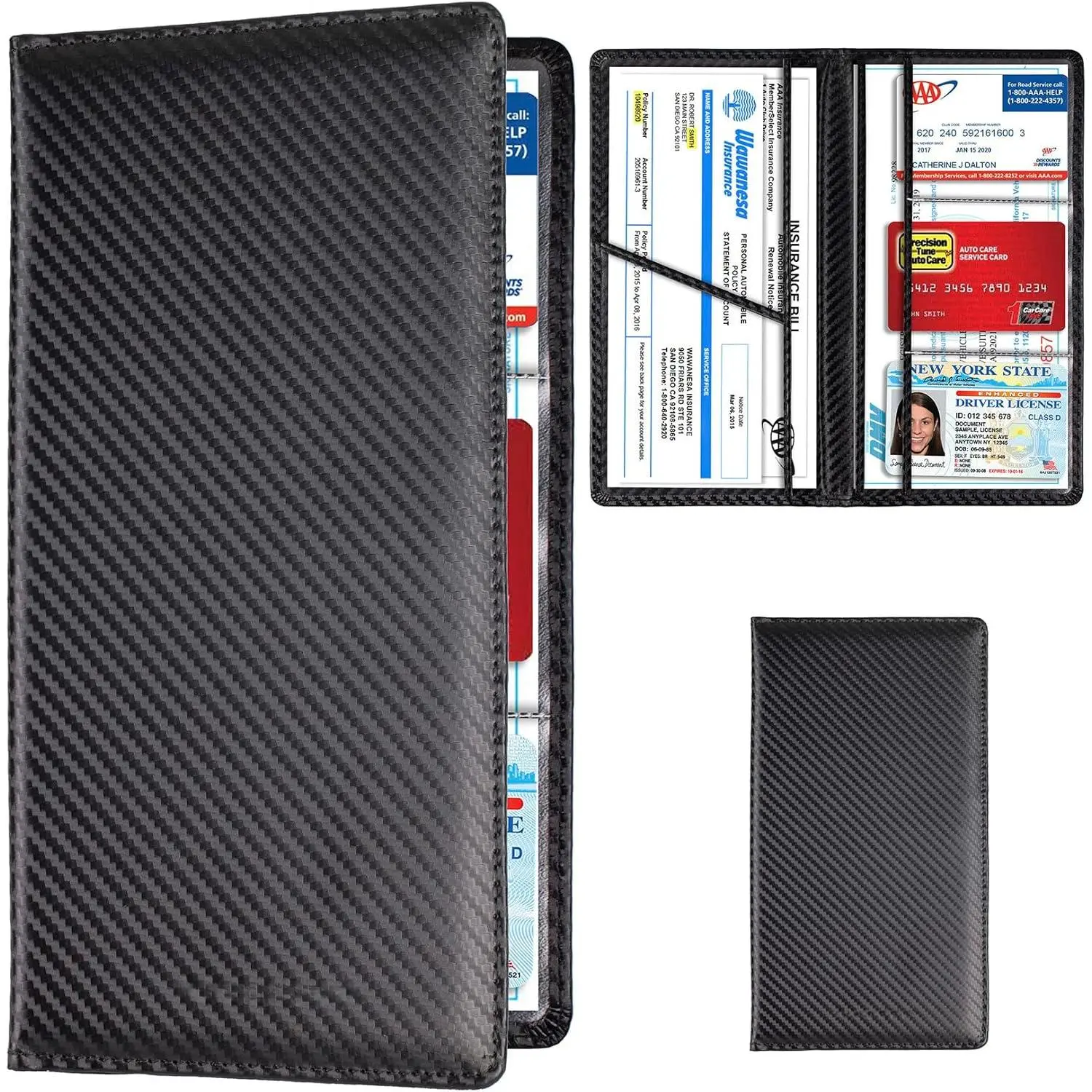 Carbon Fiber Black Multi-Slot Car Registration & Insurance Card Holder, Vehicle License Docs Organizer for Glove Box Compartment, Automotive Interior Stowing & Tidying Accessory for Men & Women
