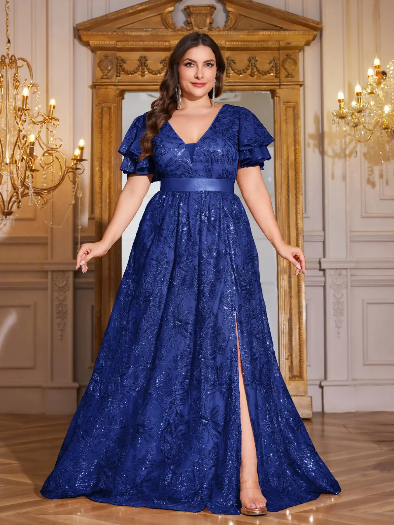 Elegant Party Dress with Sequins, V-Neck High-Quality Evening Gown, Large Size Formal Wear, Perfect for Special Occasions