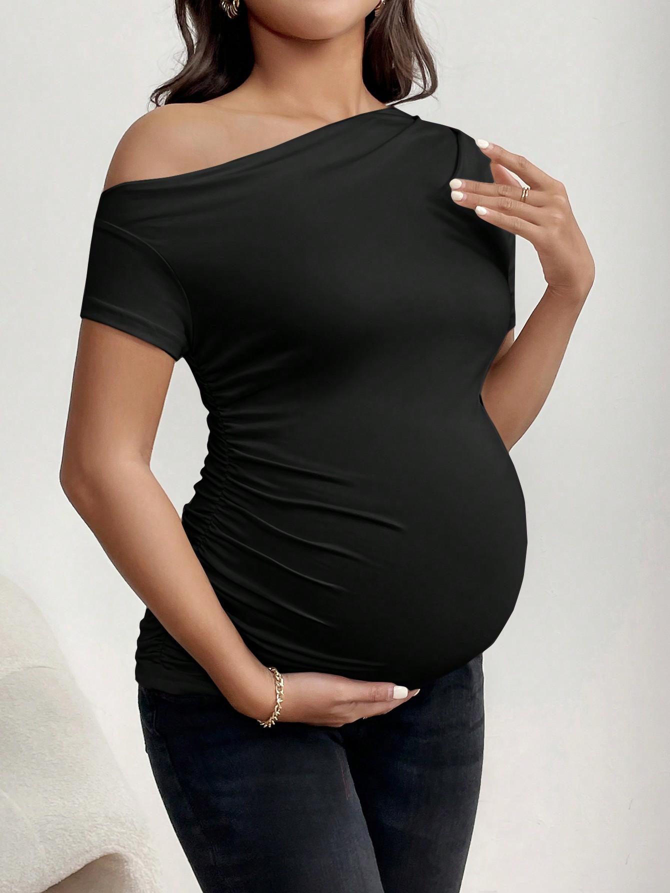 Maternity short-sleeve casual sports black T-shirt for summer, off-the-shoulder shoulder-baring maternity blouse
