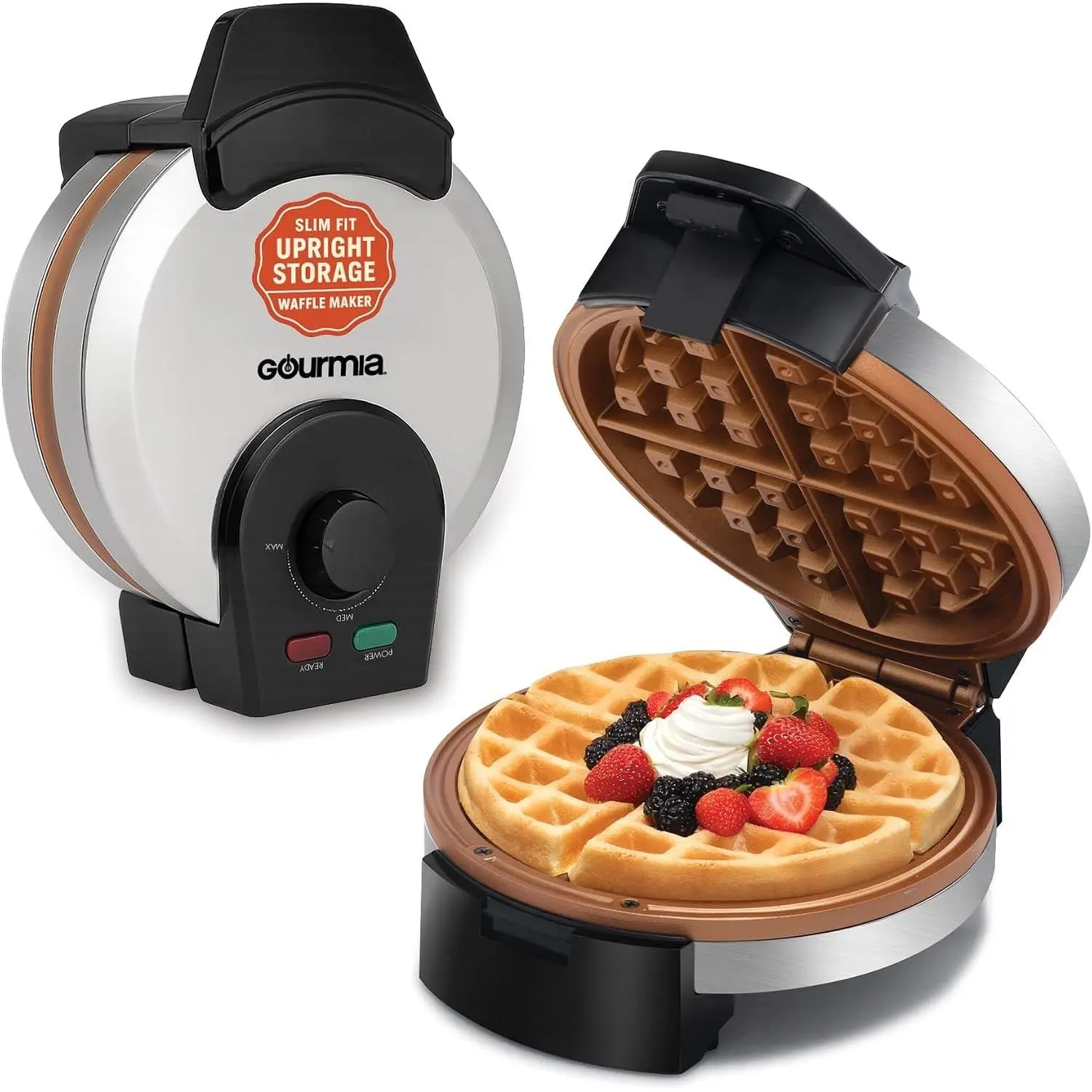 Belgian Waffle Maker – Compact Design with Upright Storage, Adjustable Browning, and Easy-Clean Nonstick Ceramic Plates, Stainless SteelGift