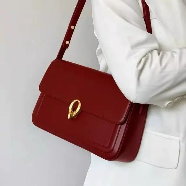 Women's Elegant Burgundy Vintage Flap Shoulder Bag - Minimalist Gold Loop Buckle, Adjustable Strap, Commute Ready, Wedding Bridal Crossbody Clutch