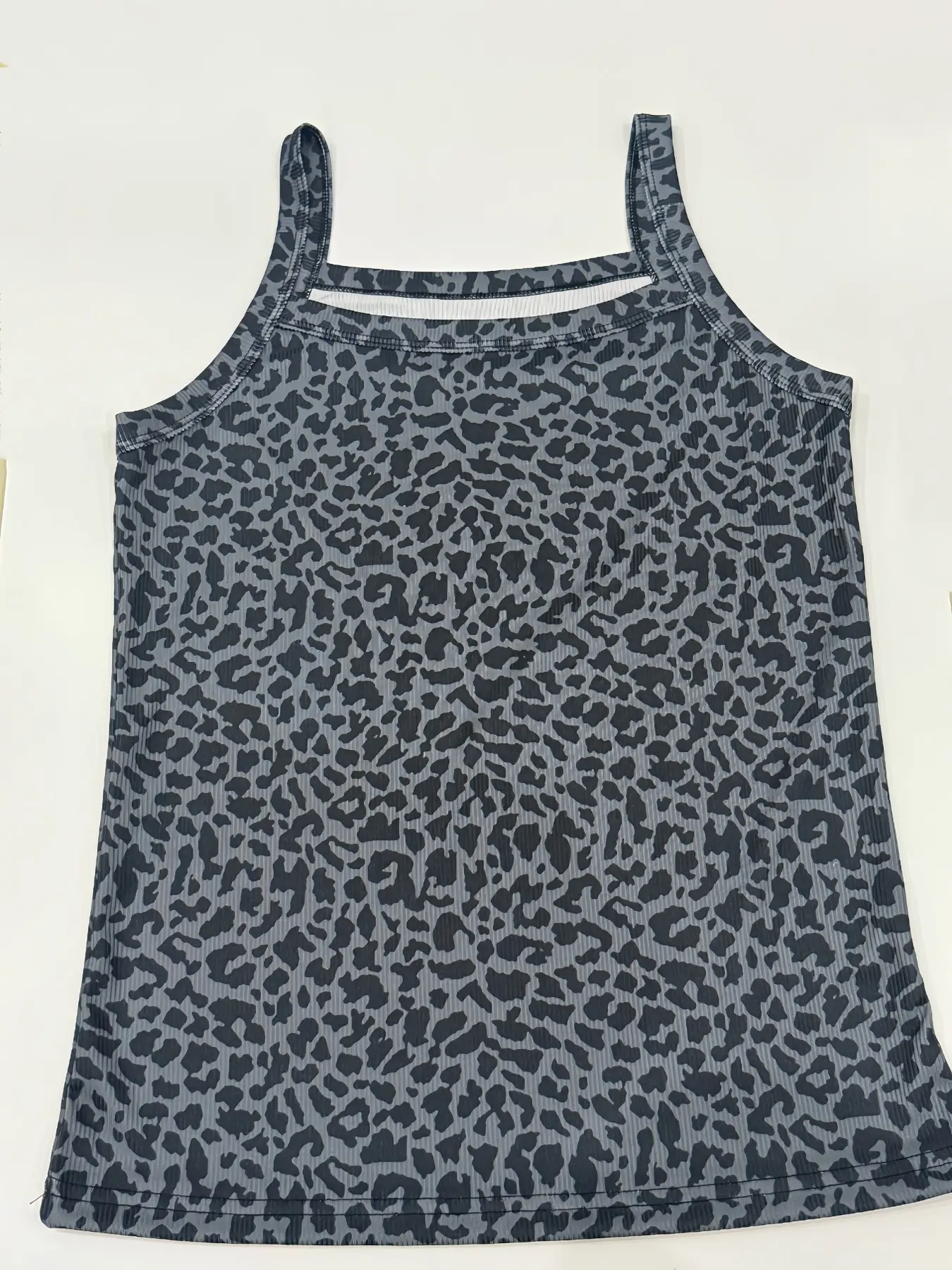 Dark Grey Leopard Print Ribbed Cami Tank Top, Women Summer Stretch Slim Fit Sleeveless Layering Vest