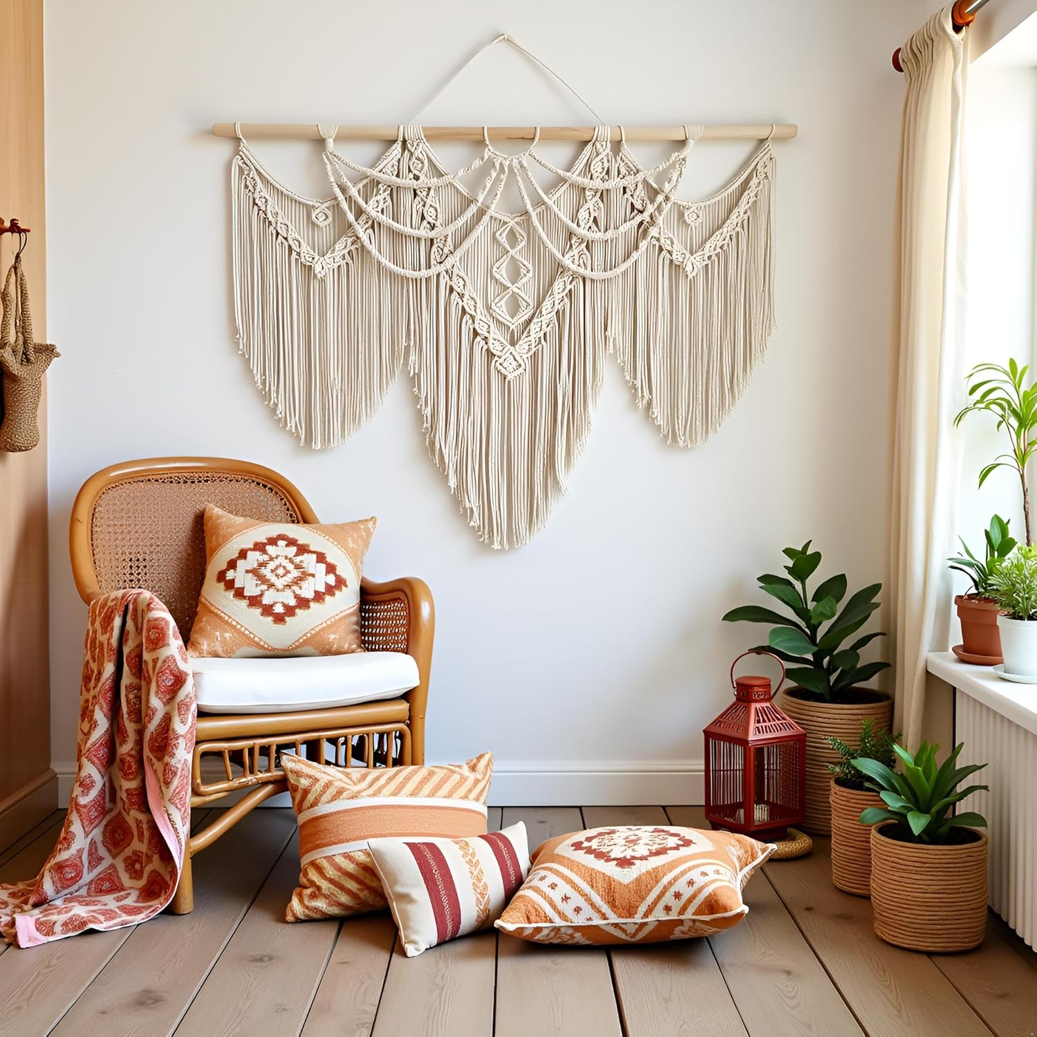 SUNDAY MIRTH large macrame wall hanging - Boho Tapestry Macrame Wall Decor Art- Chic Bohemian  Woven Tapestry  Decoration for Bedroom Living Room Apartment Wedding Party - 43"x32" (Beige-fringe)