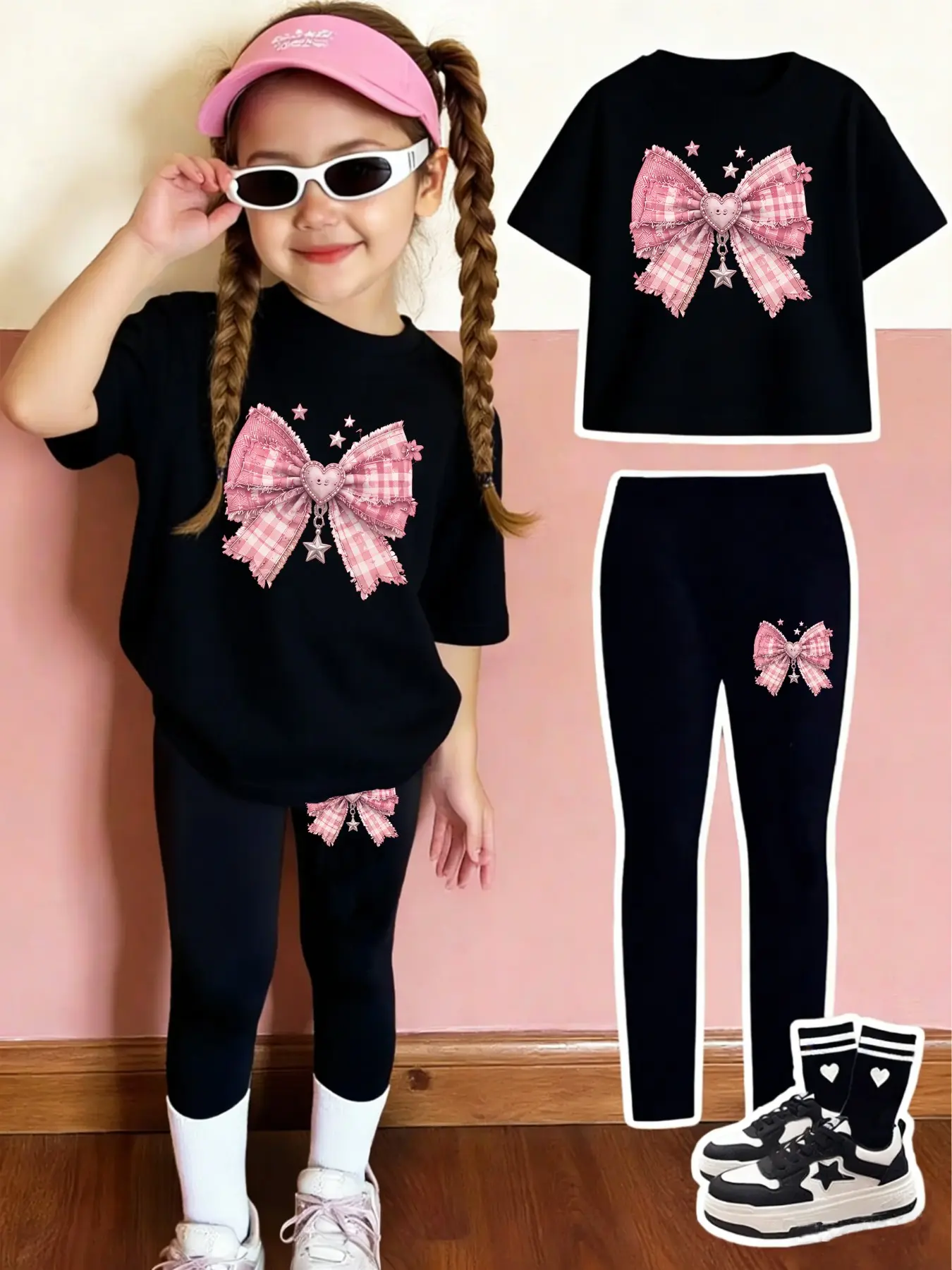 Girls' Butterfly Print Suit Set, Casual Slim-Fit 2-Piece, Comfortable Elastic Waist Pants, Spring Summer Wear, Ages 4-12, Summer Outfits Set