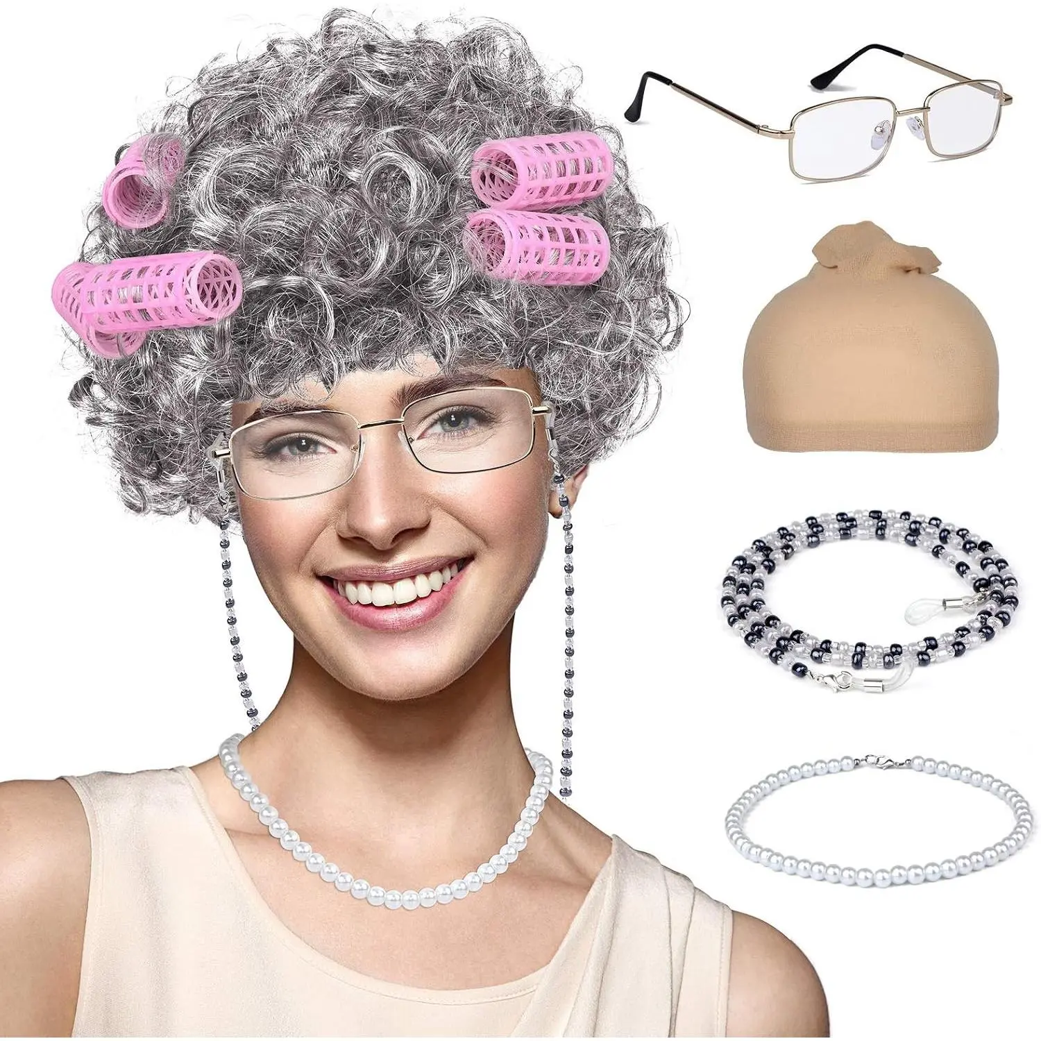 Women's Old Lady Costume, 100 Days of School Costume for Girls, Grandma Granny Halloween Cosplay Costume(Gift)
