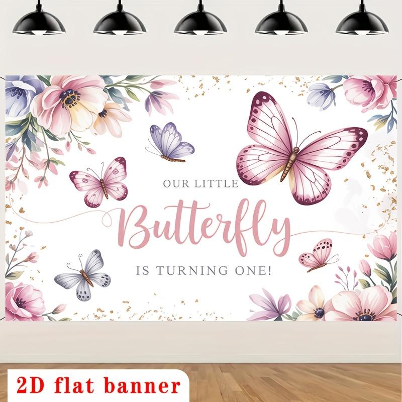 2D Flat, [party Backdrop] 2D Flat Banner, 1pc Little Butterfly First Birthday with Pink Butterflies and Pastel Flowers Polyester Backdrop, for Party Decor Farm, Garden, Home, Room, Club, No Electricity, This