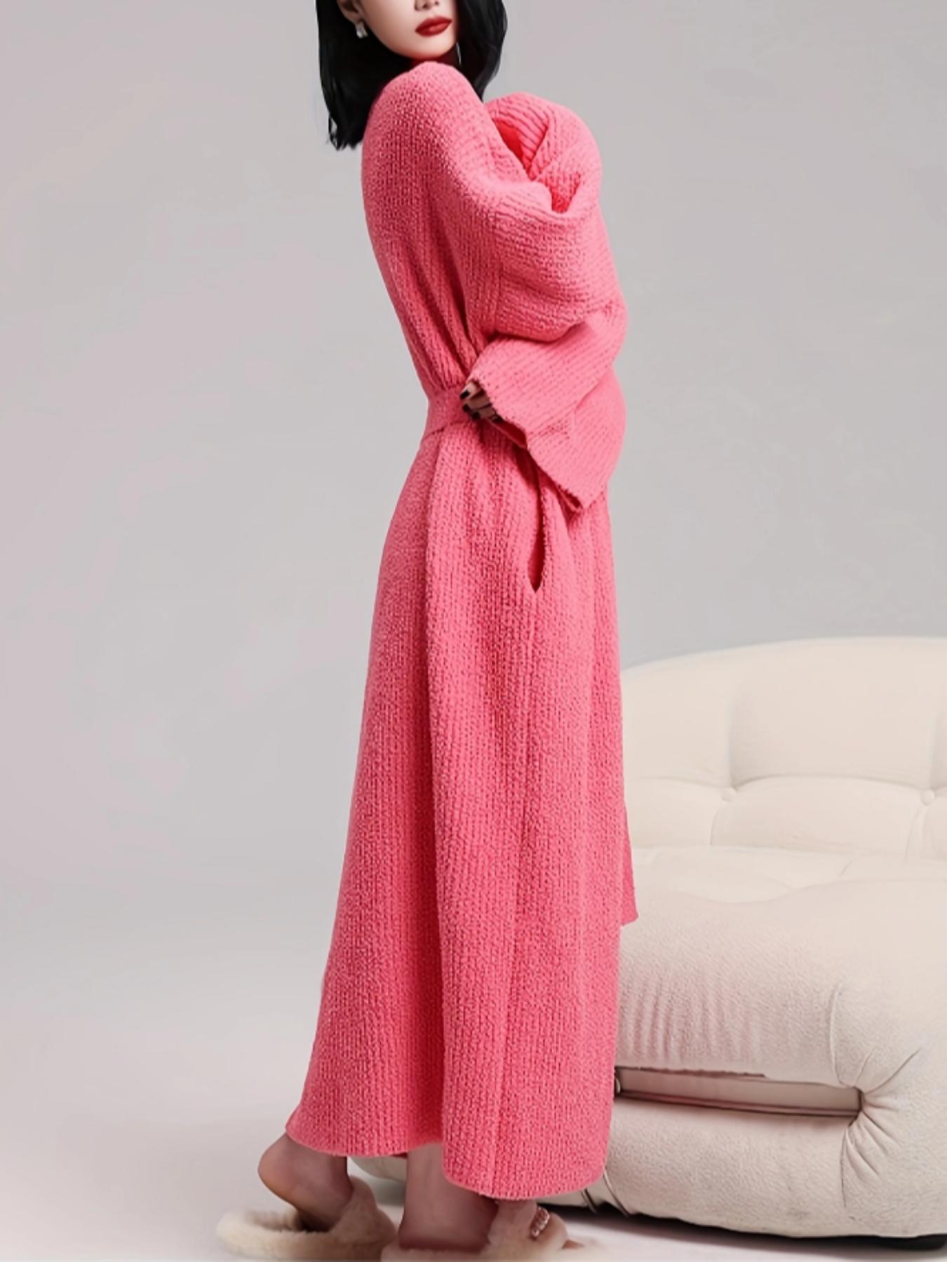 【COZY Soft Plush Feel】Women's Solid Color Thickened  Thermal Lined Long Sleeve Drop Shoulder Bathrobe, Loose Casual Soft Comfortable Thermal Warm Pocket Belted V Neck Dressing Gown for Women, Ladies Sleepwear for Winter