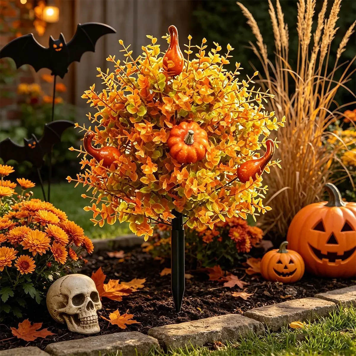 Fall Artificial Pumpkin Topiary Bush Garden Stake, Artificial Garden Stakes,56cm/22in Maple Leaf Yard Stake,Halloween Harvest Outdoor Lawn Patio Planter Decor,Indoor Farmhouse Home Decor,Fake Plant Decoration,1Pcs No Pot Included