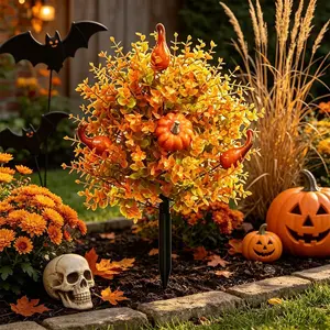 Fall Artificial Pumpkin Topiary Bush Garden Stake,56cm/22.04in Maple Leaf Yard Stake,Halloween Thanksgiving Harvest Outdoor Lawn Patio Planter Decor,Indoor Tabletop Centerpiece,Farmhouse Rustic Autumn Home Ornament,1Pcs No Pot Included