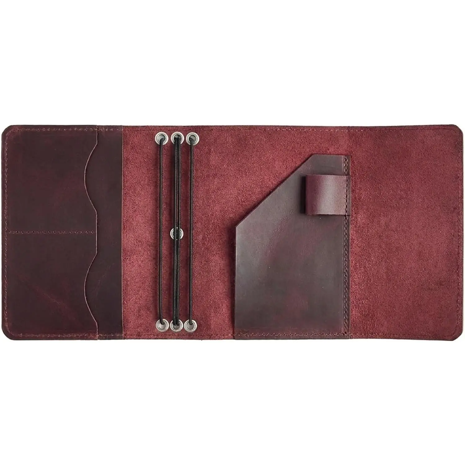 Refillable Leather Journal Cover A6 –  Leather Notebook Cover with 3 Elastic Bands, Card Slots & Pen Holder, Traveler's Journal Case, Fits 4.1" x 5.8" Notebooks (Paper Not Included), Burgundy
