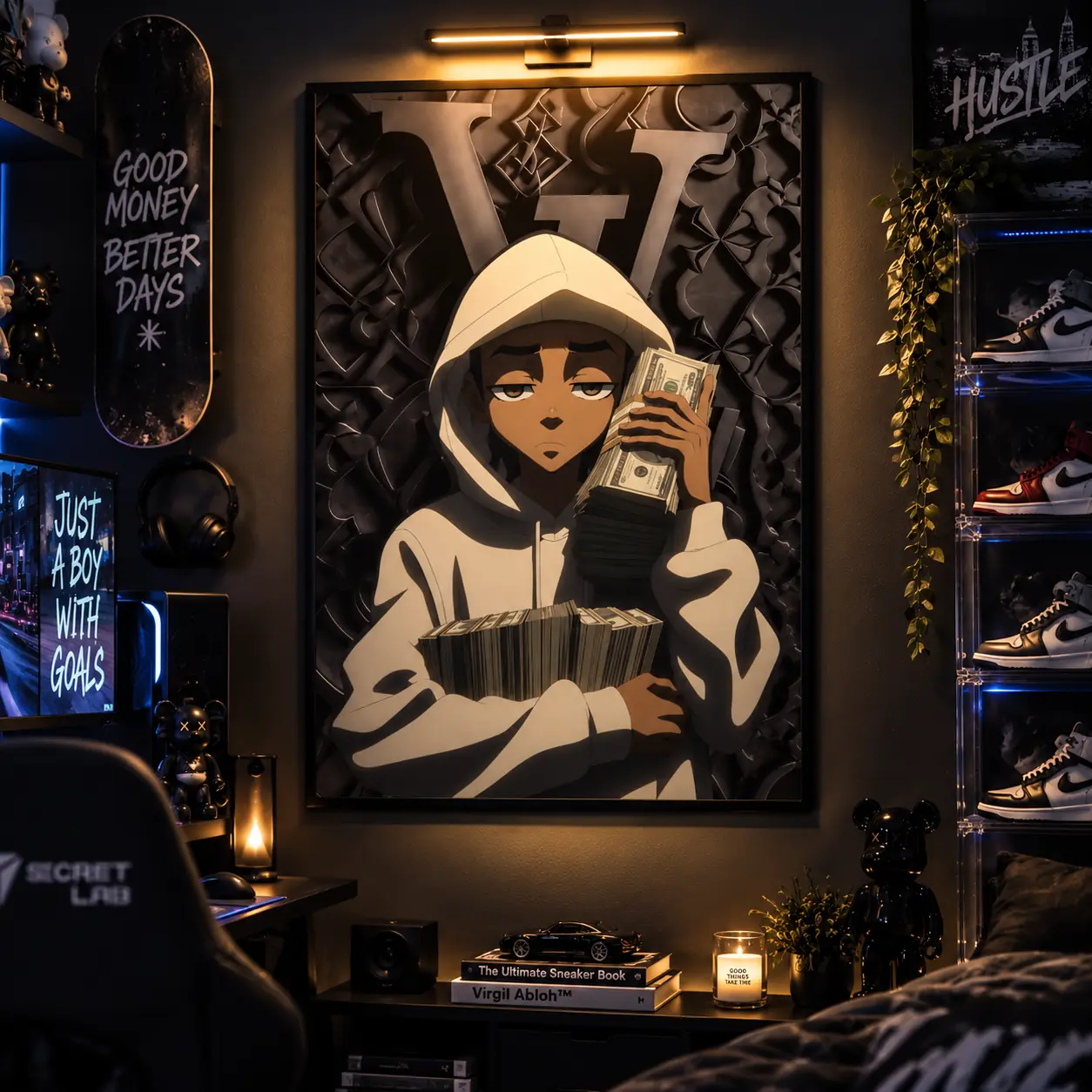 Riley Freeman's money-themed canvas wall art "A Stack of Cash" is the ultimate masculine space decoration for hip-hop and anime enthusiasts, and also a perfect choice for modern rooms