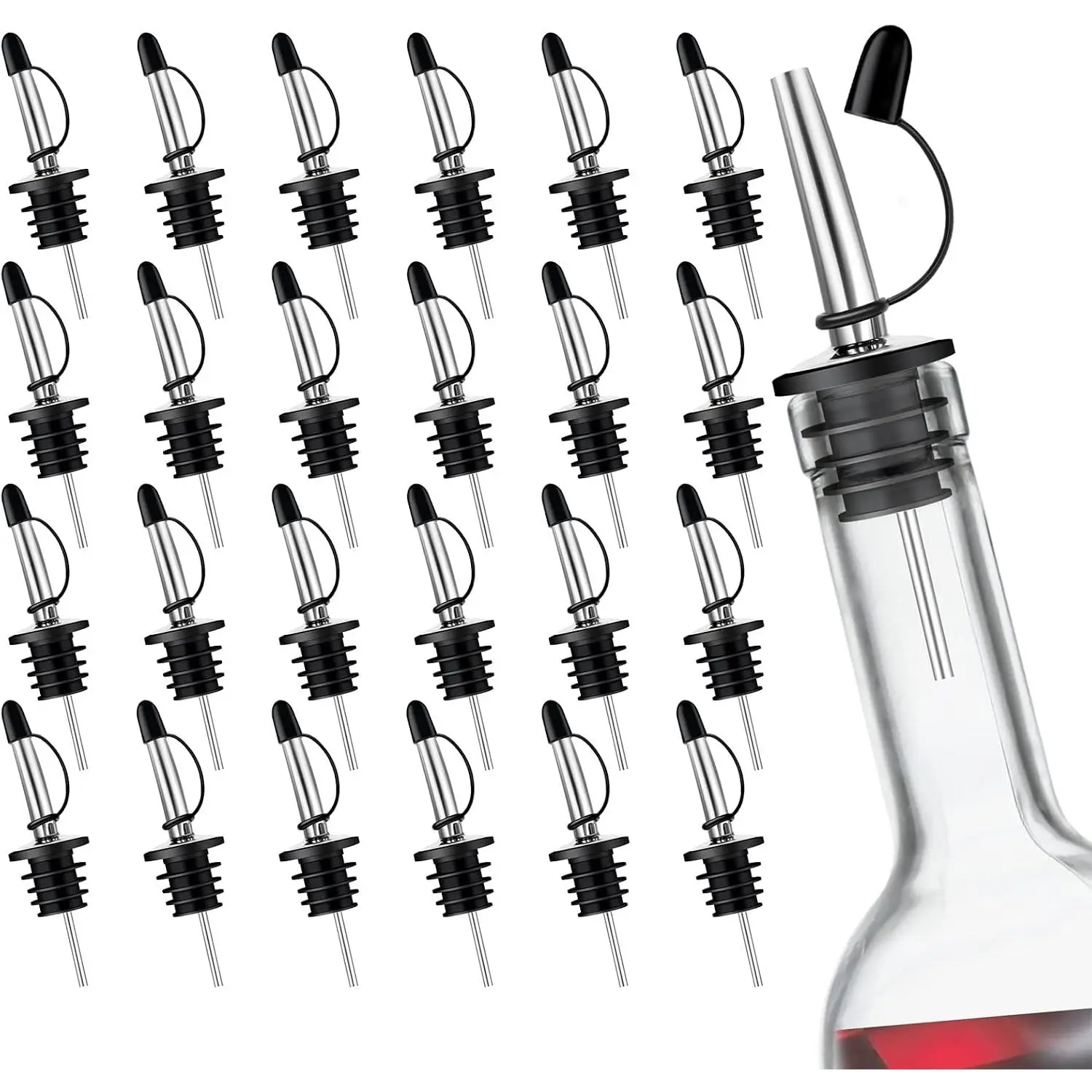 24-Pack Durable Stainless Steel Bottle Pour Spouts with Stoppers, Leak-Proof Kitchen & Bar Utensils for 3/4" Mouth Bottles, Ideal for Cafe & Club Use