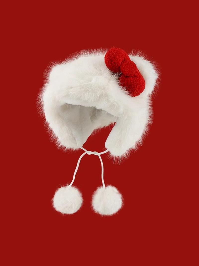 Cute Cat Ear Design Pom Pom Decor Plush Hat, Cute Beanie Hat, New Style Bowknot Design Warm Hat for Fall & Winter, Fashion Accessories for Women & Girls