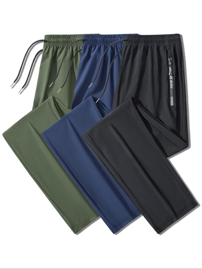 Men's Solid Zipper Pocket Pants, Regular Fit Casual Comfy Breathable Elastic Waist Trousers for Outdoor Activities, Breathable Athletic Bottoms, Men's Bottoms for Summer