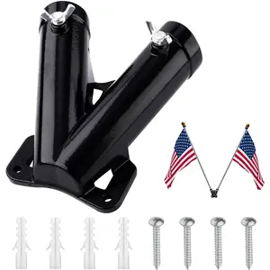 PEUTIER Double Flag Pole Bracket Holder, V Shape Premium Aluminum Alloy Flagpole Holder Mounting Bracket Heavy Duty Flagpole Carrier Double Slot Double Flag Pole Bracket Holder(Black)