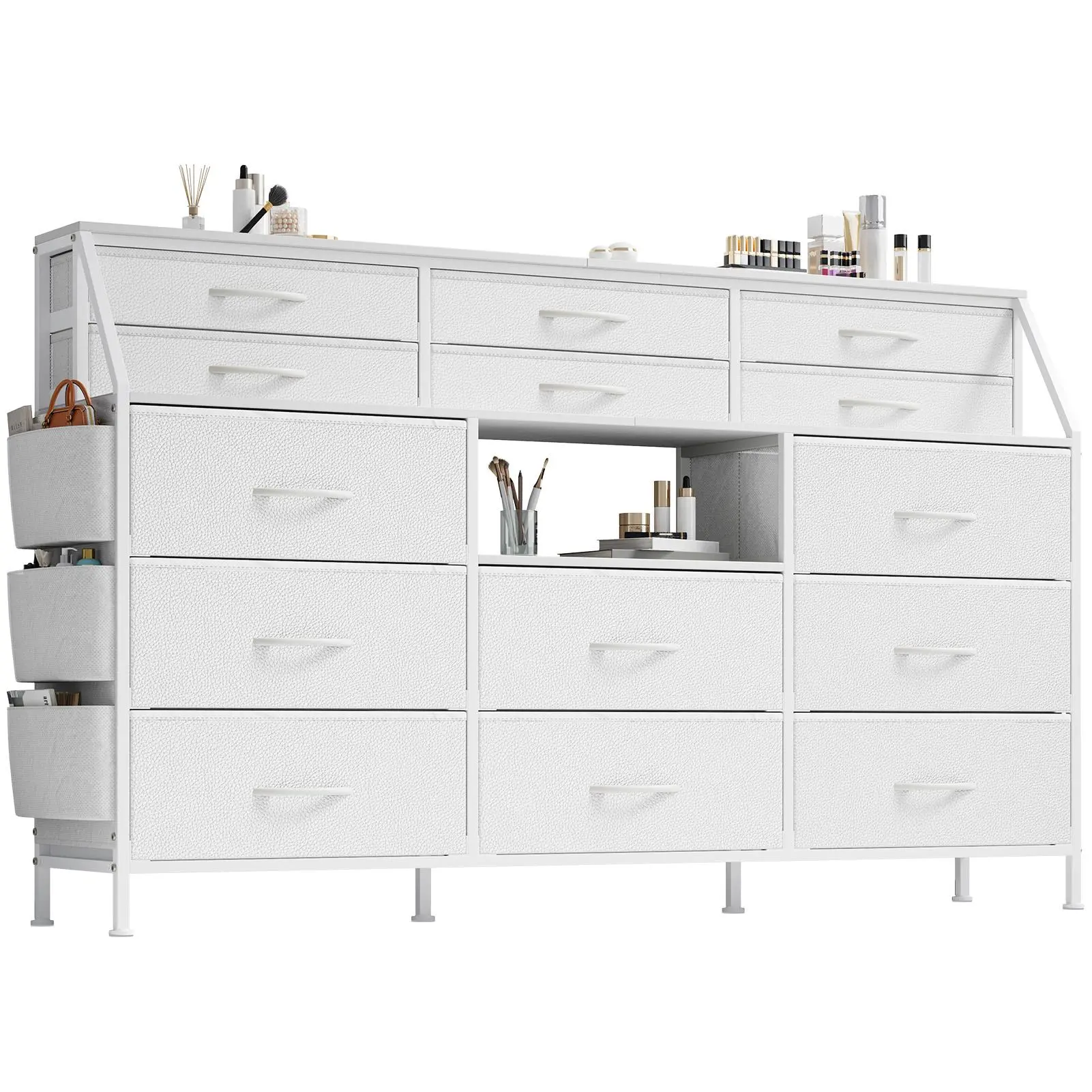 14-Drawer Storage Cabinet with LED & Charging Station – TV Stand for 55" | RGB Lights, 2 AC/2 USB Ports | Metal Frame, Fabric Drawers | For Bedroom, Living Room | Anti-Tip, Adjustable Feet | Modern Organizer | Home Entertainment Center