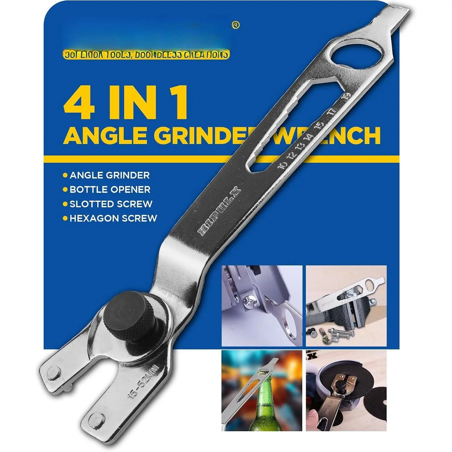 4-in-1 Angle  Wrench | Multi-Function Pin Spanner | Adjustable 9/16"-2 1/16" | Hexagonal Nut Tool with Bottle Opener | A3 Steel Nickel-Plated