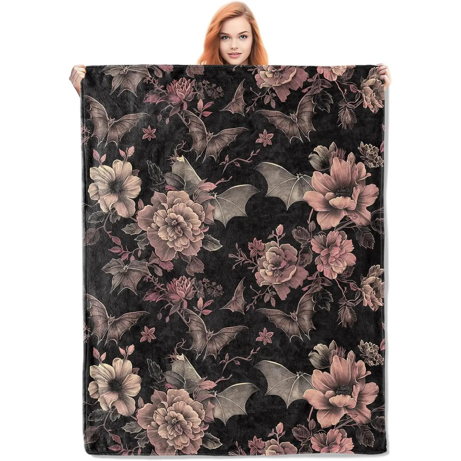 Gothic Blanket, Floral and Bat Flannel Throw Blankets,Soft Warm Lightweight Cozy Plush Halloween Goth Throws for Bedroom Sofa Home Decor Gifts for Women Girls 50"x60", Room Decor, Halloween Theme, 50X60 In