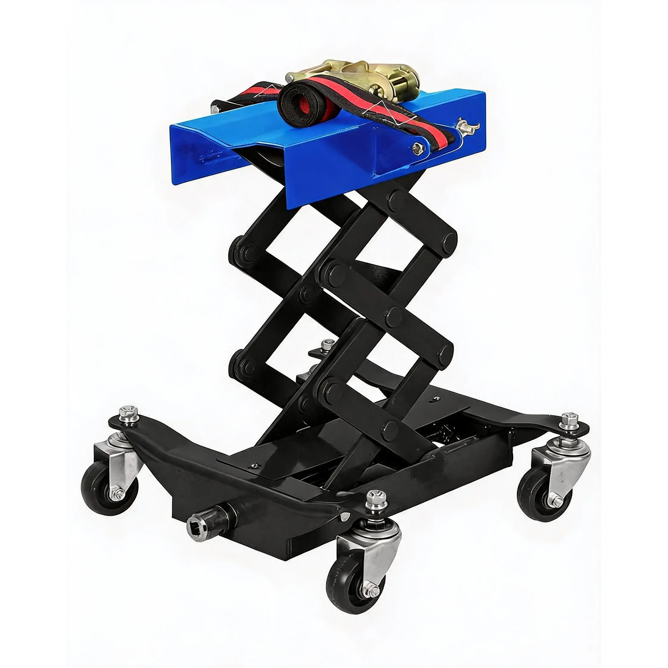 Transmission Jack with Safety Straps, Low Profile Lift 450 LBS, 7"- 23" Adjustable Height Transmission Stand, 4 Swivel Wheels for Vehicle Maintenance Garage Use,Black Blue Red