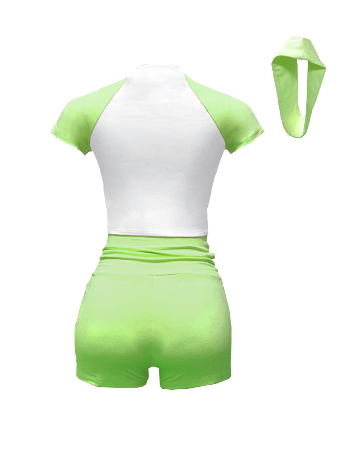 Women's 3-Piece Color Block Round Neck Short-Sleeve T-Shirt & High-Waisted Shorts & Headband Sporty Set, Casual Streetwear, Casual Sportswear Set, Casual Sportswear Outfit