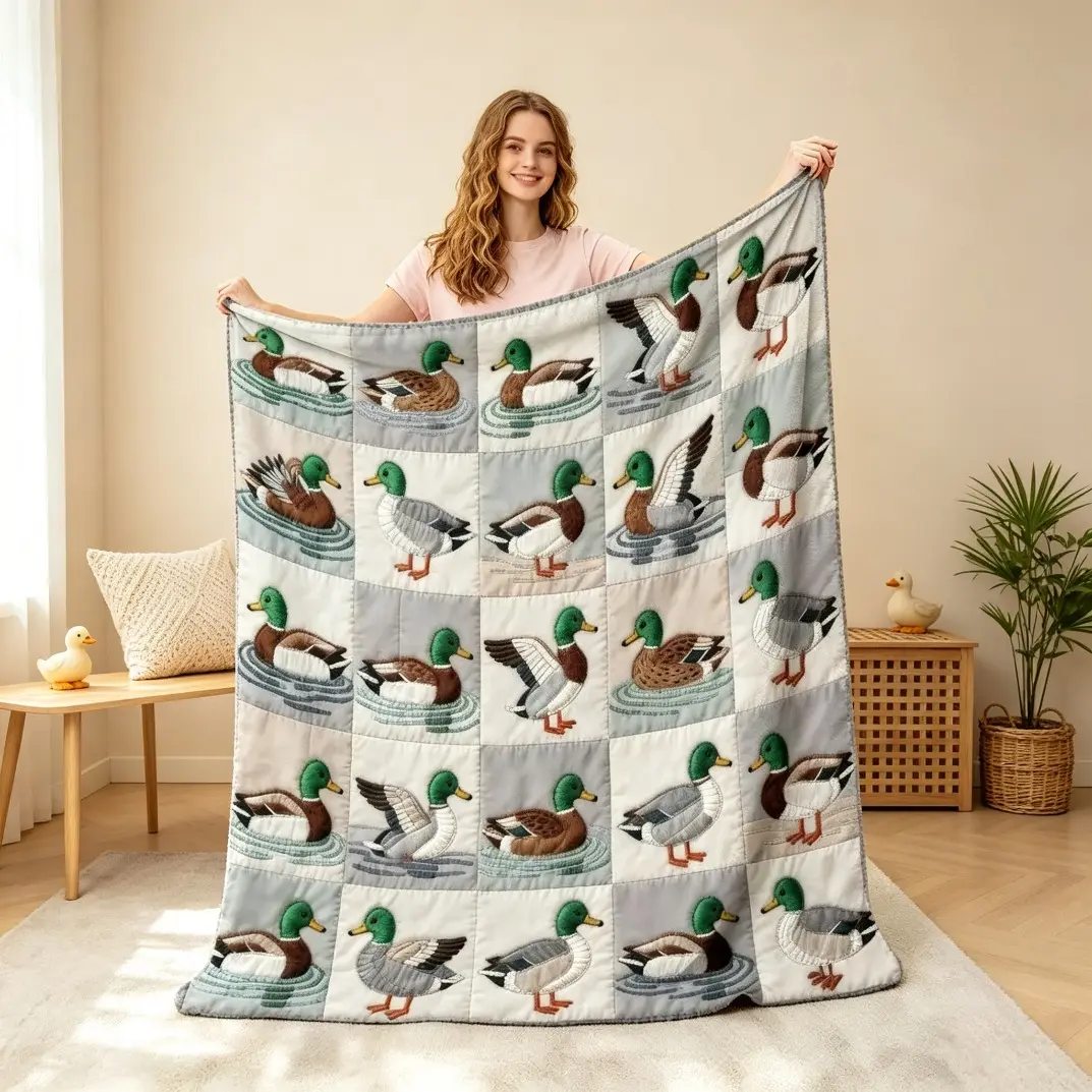 Quilted Flannel Mallard Print Soft Cozy Blanket, Lightweight Warm Versatile Throw Blanket for Adults & Kids, All Seasons Fleece Blanket Home Decor Item for Sofa Bed Couch Bedroom Living Room Use, Cozy Household Gift