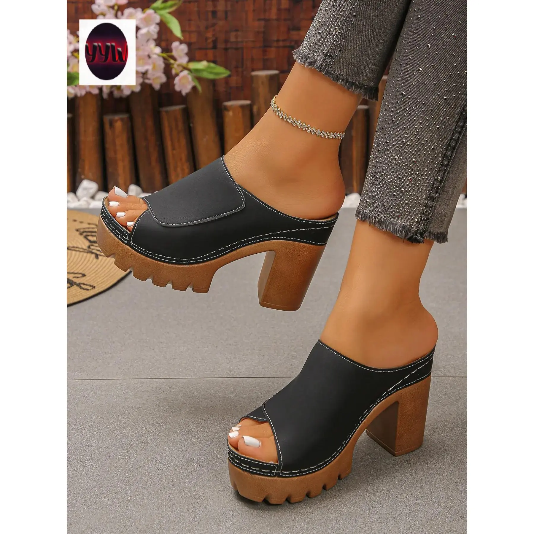YYW1 Vintage Fish Mouth Thick Heel Casual Platform Elevated Fashionable Sandals Women, Outdoor Wear, Waterproof Platform Heels, Comfortable Mules