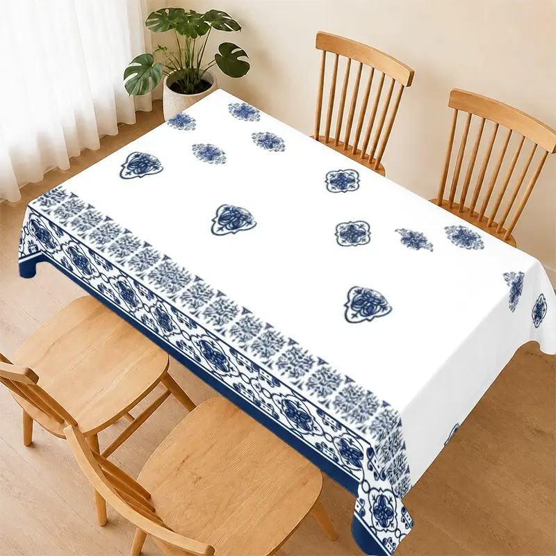 Blue Floral Tablecloth, Vintage Ceramic Pattern, Waterproof Heat Resistant, Easy Clean, Elegant Dining Atmosphere, Kitchen Decor, Family Meals, Dinner Parties