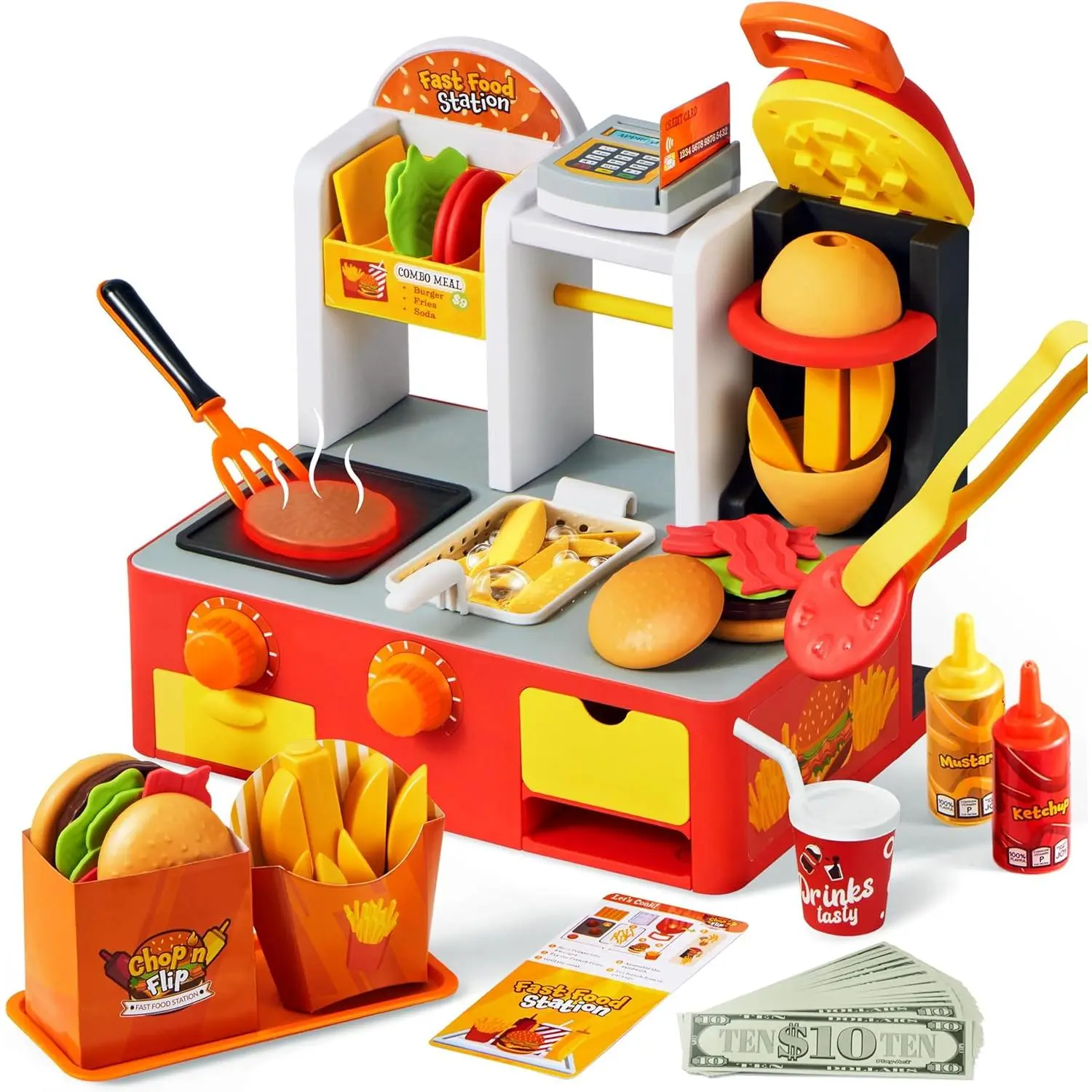 Restaurant Play Food Set Toy, 40+ PCS Fast Food Playset with Potato Cutter, Simulated Frying Effect & Lights, Order, Card & Drink Station, Interactive Role Play Toy Birthday Giftfidget toys