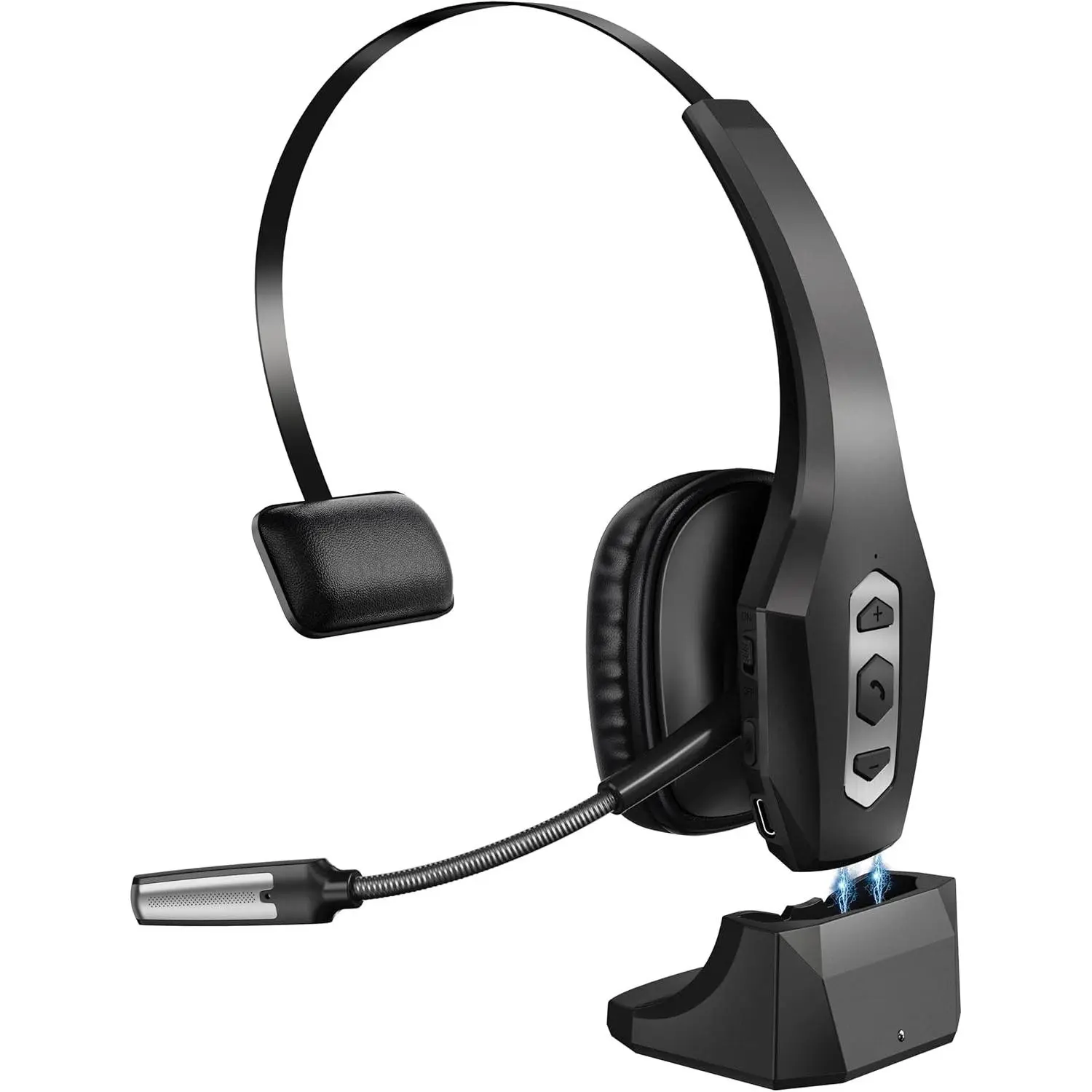 Bluetooth Wireless Trucker Headset with Charging Base, Noise Canceling Mic, Mute Button, 56Hrs Working Time Hands-Free Headset for Cell Phones, Computer, Truck Drivers