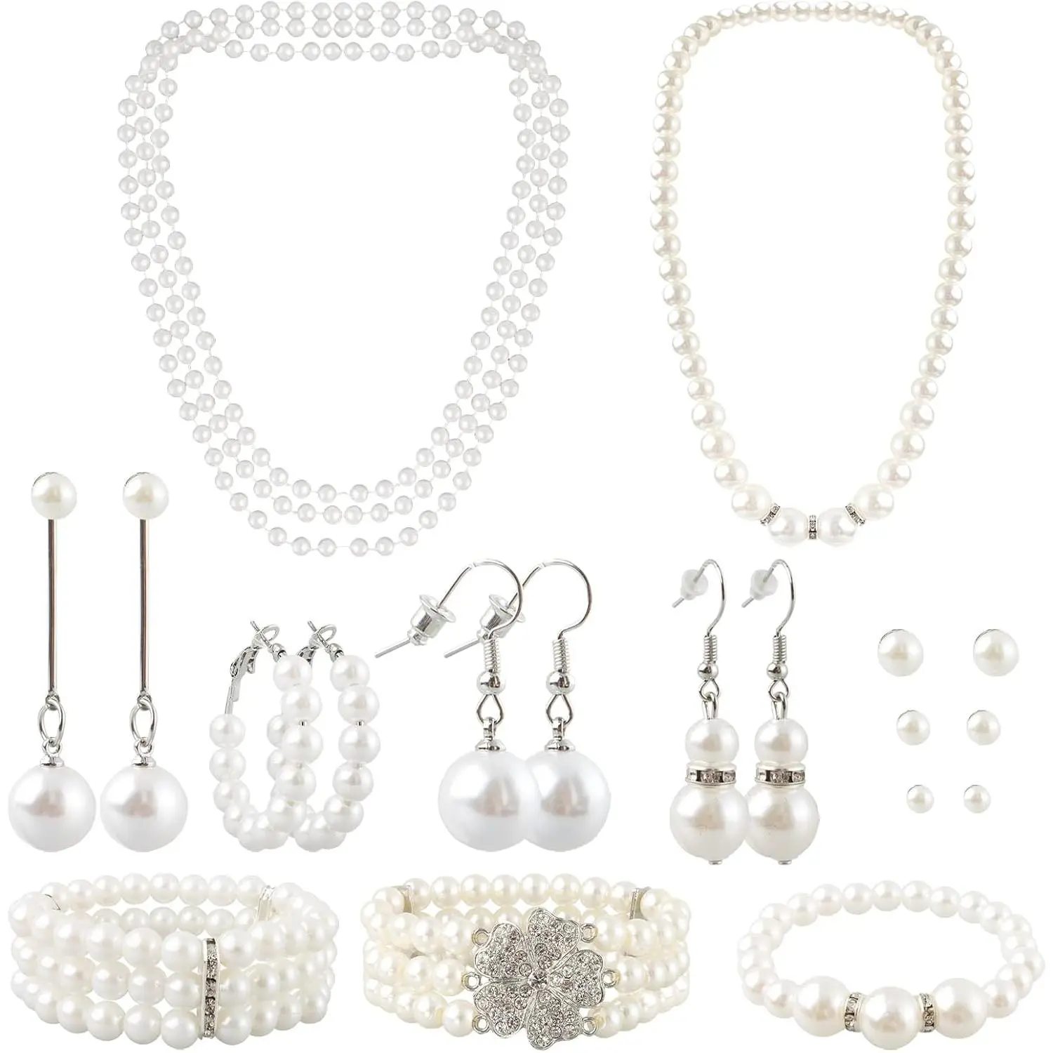 19 count  Necklace Earrings Set for Women 1920s Faux  Necklace Simulated  Bracelet Costume   Accessories for  Wedding