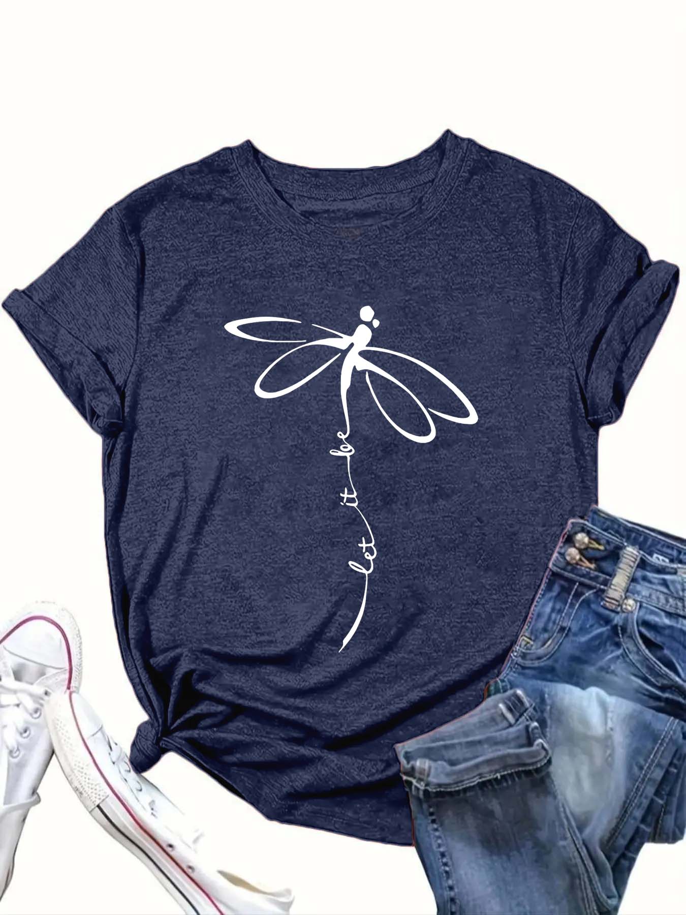 【Plus Size】 Dragonfly Print Round Neck Tee, Casual Short Sleeve Crew Neck T-shirt for Summer, Women's Clothing for Daily Wear