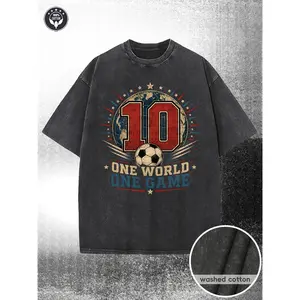 230g Cotton Retro Men and Women with the Same Washed T-shirt, Vintage Distressed 'One World One Game' Soccer Graphic Tee, Relaxed Fit Crew Neck Short Sleeve Cotton Shirt, Retro Global Football Motif with Red Number 10 Design - Daily Leisure Commuti