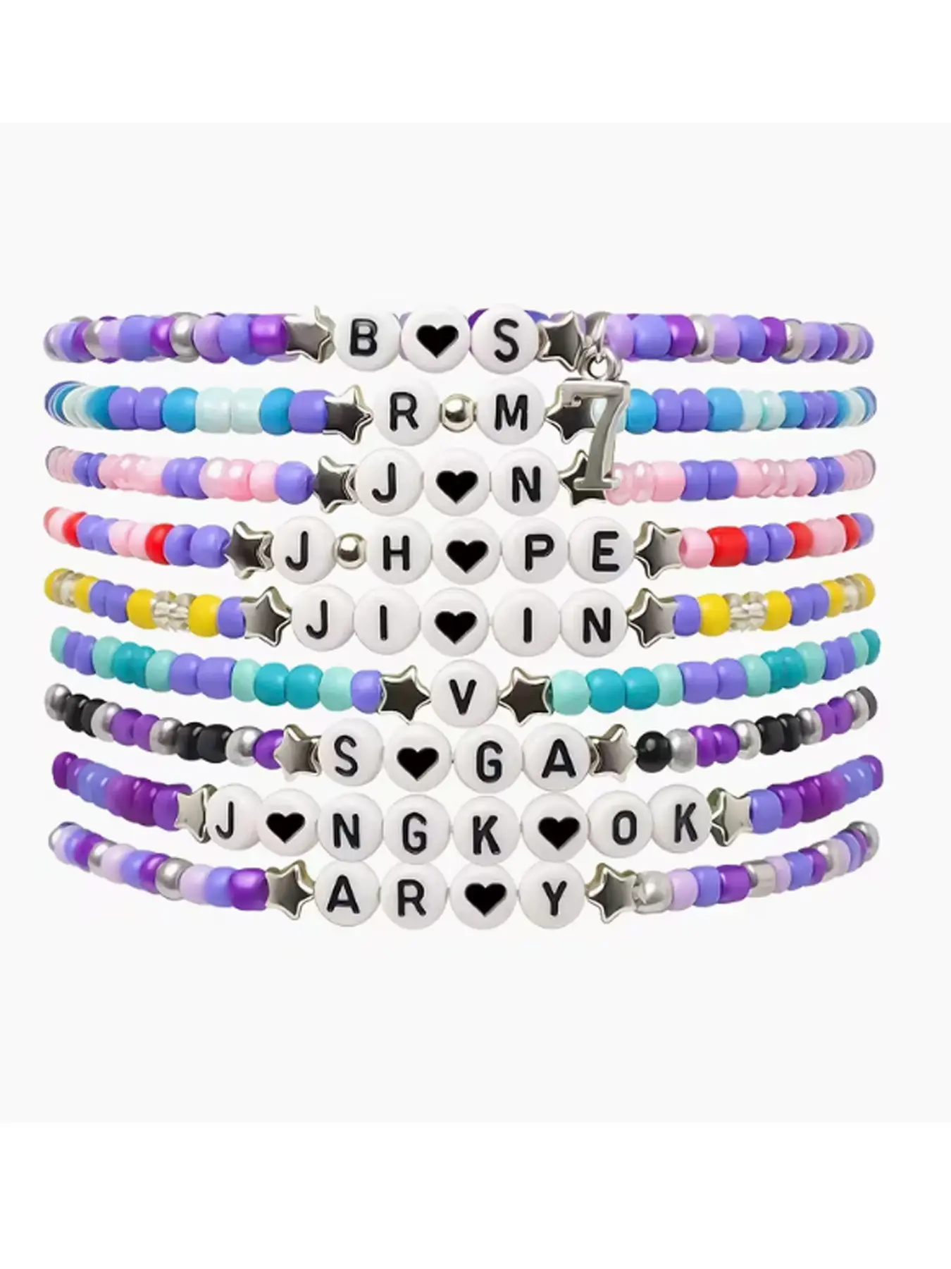 9-Piece Korean Y2K Boho Beaded Bracelet Set, Includes Number 7 Pendant and Heart Beads, Multicolor Elastic Jewelry, K-Pop Fan Gift