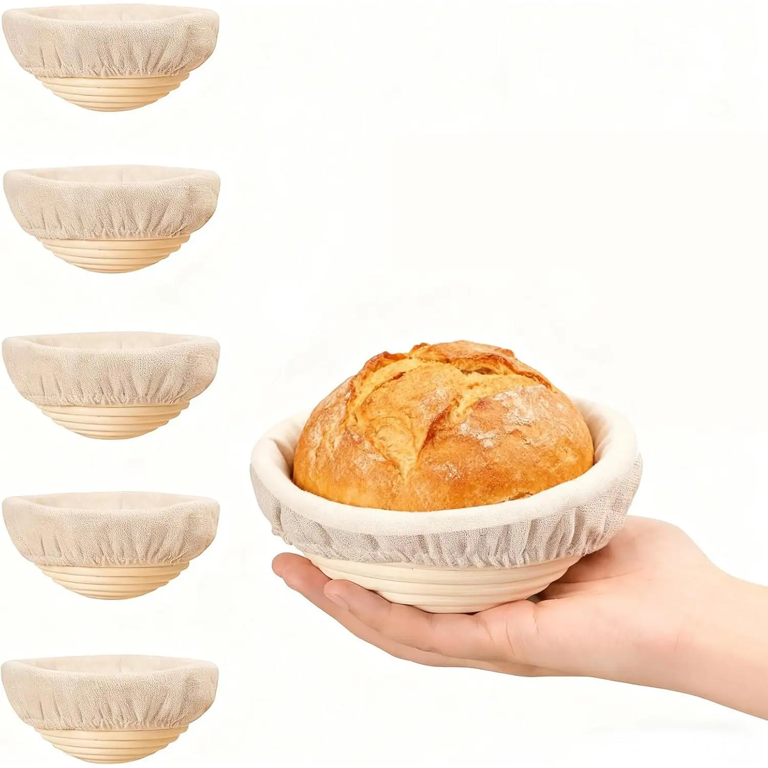 Littleox Bread Proofing Basket Set of 5 Mini 5 Inch Sourdough Baking Supplies Small Rattan Bowls with Liners for Air Fryer Oven Baking
