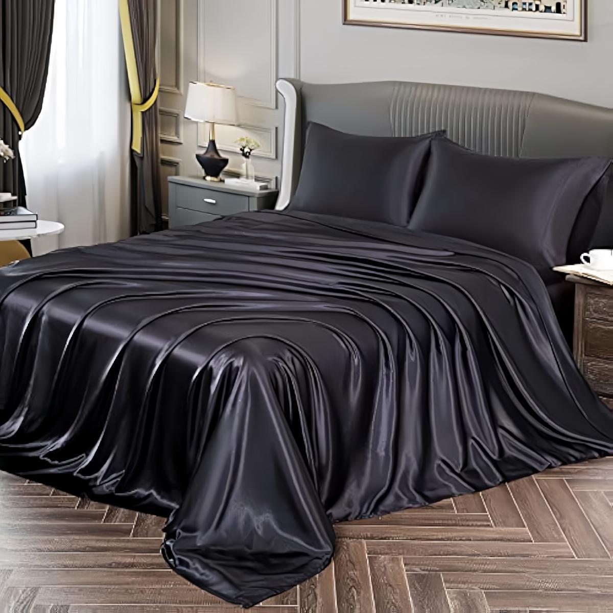 Solid Color Satin Bedding Set, 3/4 Counts Luxury Bedroom Bed Sheets Includes 1 Flat Sheet, 1 Fitted Sheet, and 1/2 Pillowcase without Filler, Room Accessories, Silky Fitted Sheet