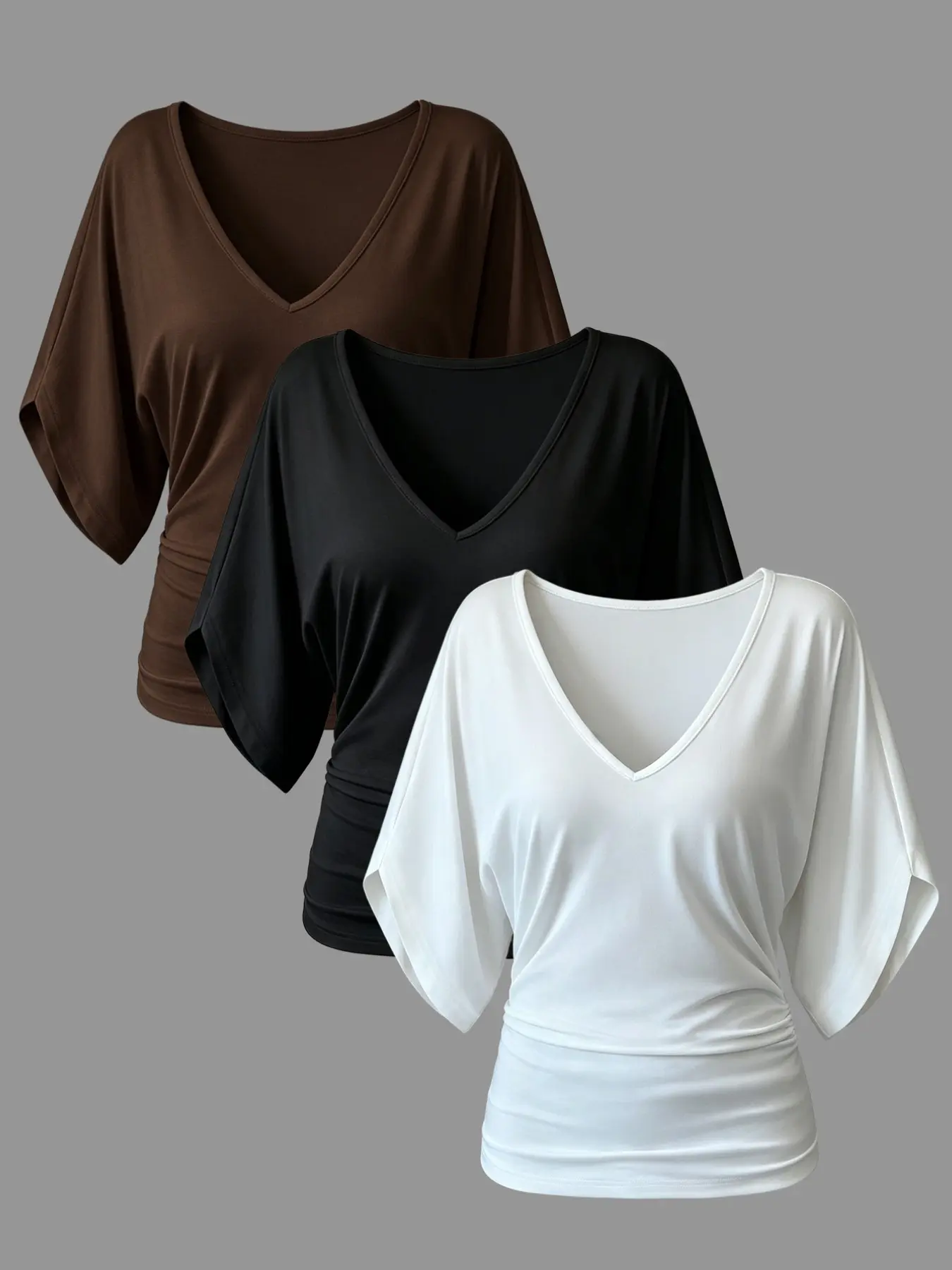 Three-Piece Women's Ruffle Batwing Sleeve V-Neck T-Shirt Set, Summer Solid Color Slim Fit, Casual Daily Wear, Multiple Colors Available