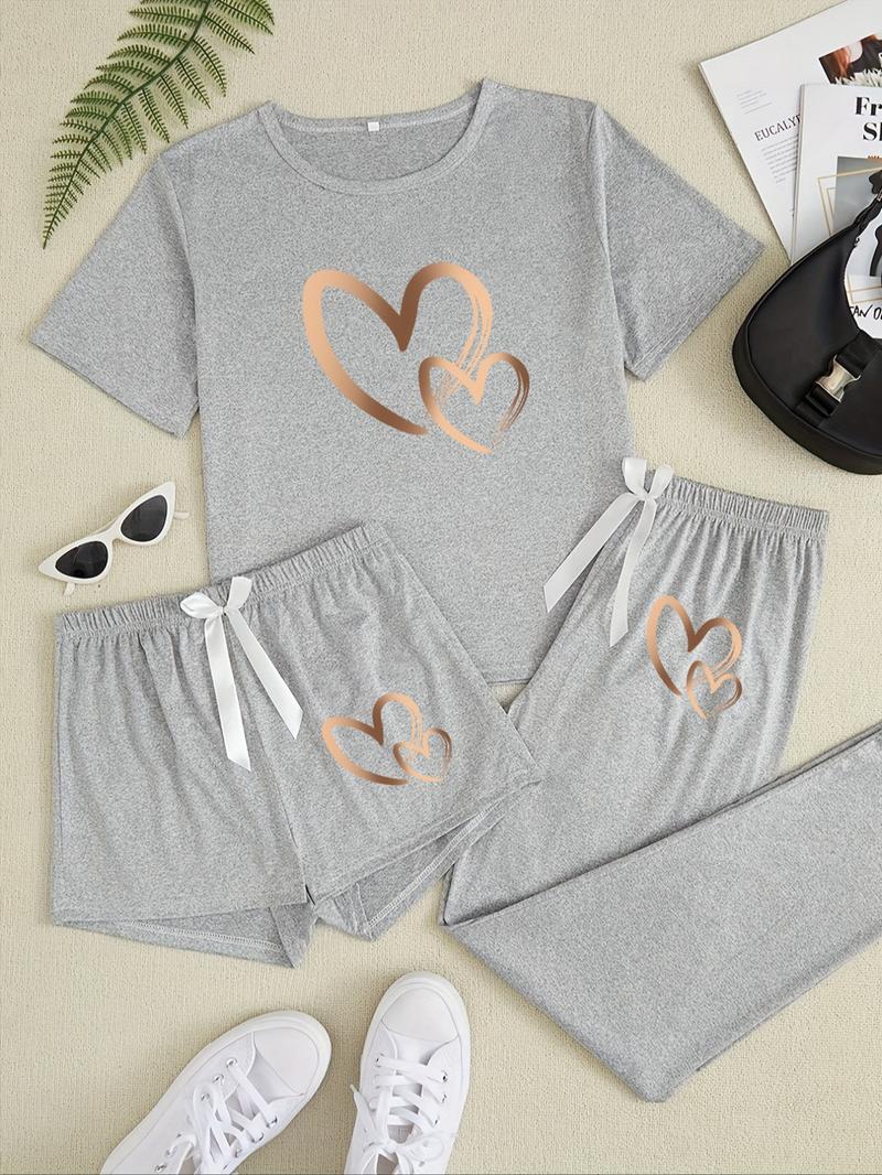Women's Heart Print Tee & Pants & Shorts Pyjama Set, Casual Comfy Round Neck Short Sleeve T-Shirt & Trousers & Shorts PJ Set, Ladies Sleepwear for All Seasons, Loungewear, Shorts Pajama Set