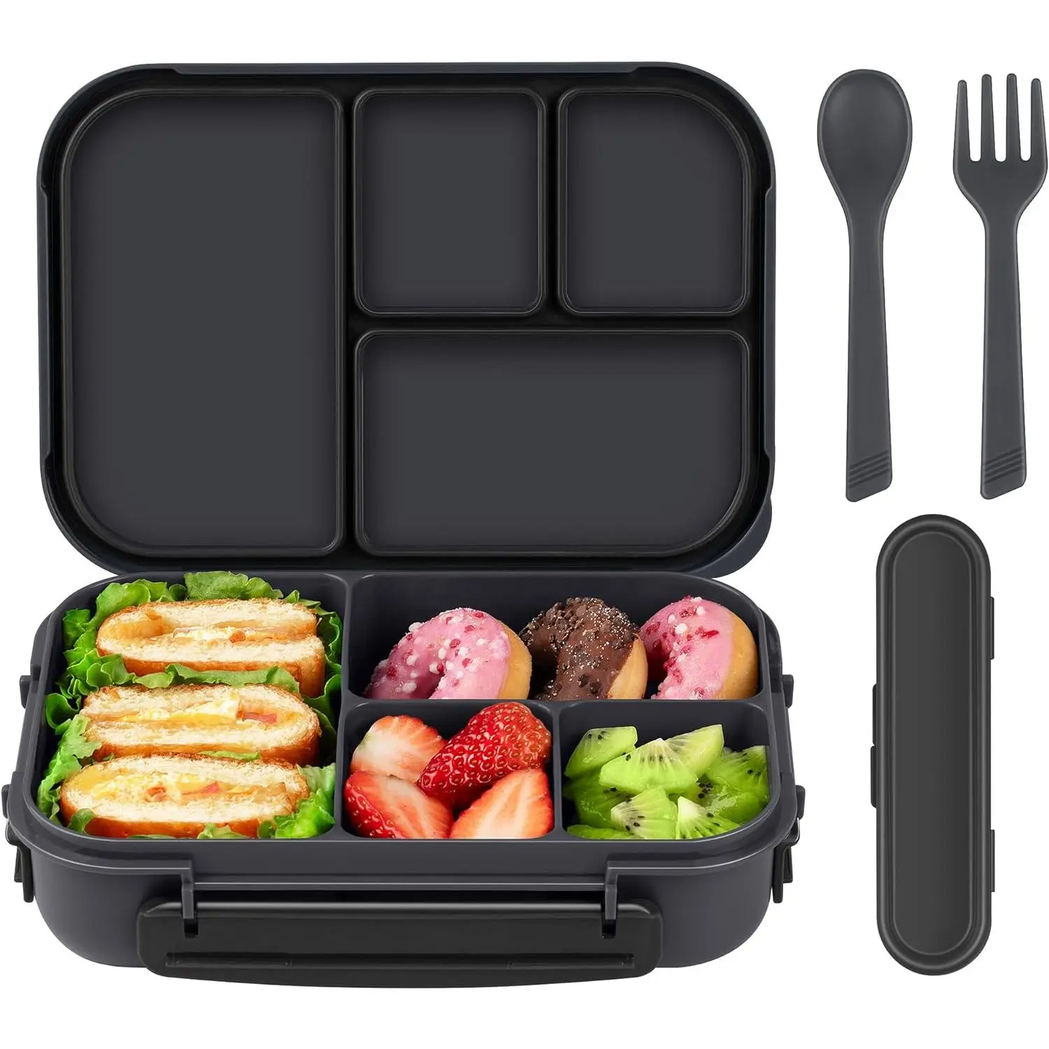 Lunch Box ,Bento Box Adult,Leakproof Lunch Containers for Adults//,1200ML-4 Compartments bento Lunch box with Utensil,Microwave & Dishwasher & Freezer Safe (Dark Gray)